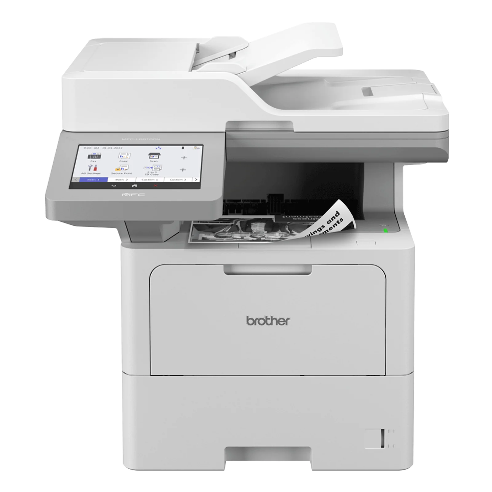 Brother MFC-L6910DN vu de face avec scanner ADF en haut, écran tactile à gauche et bac de sortie central