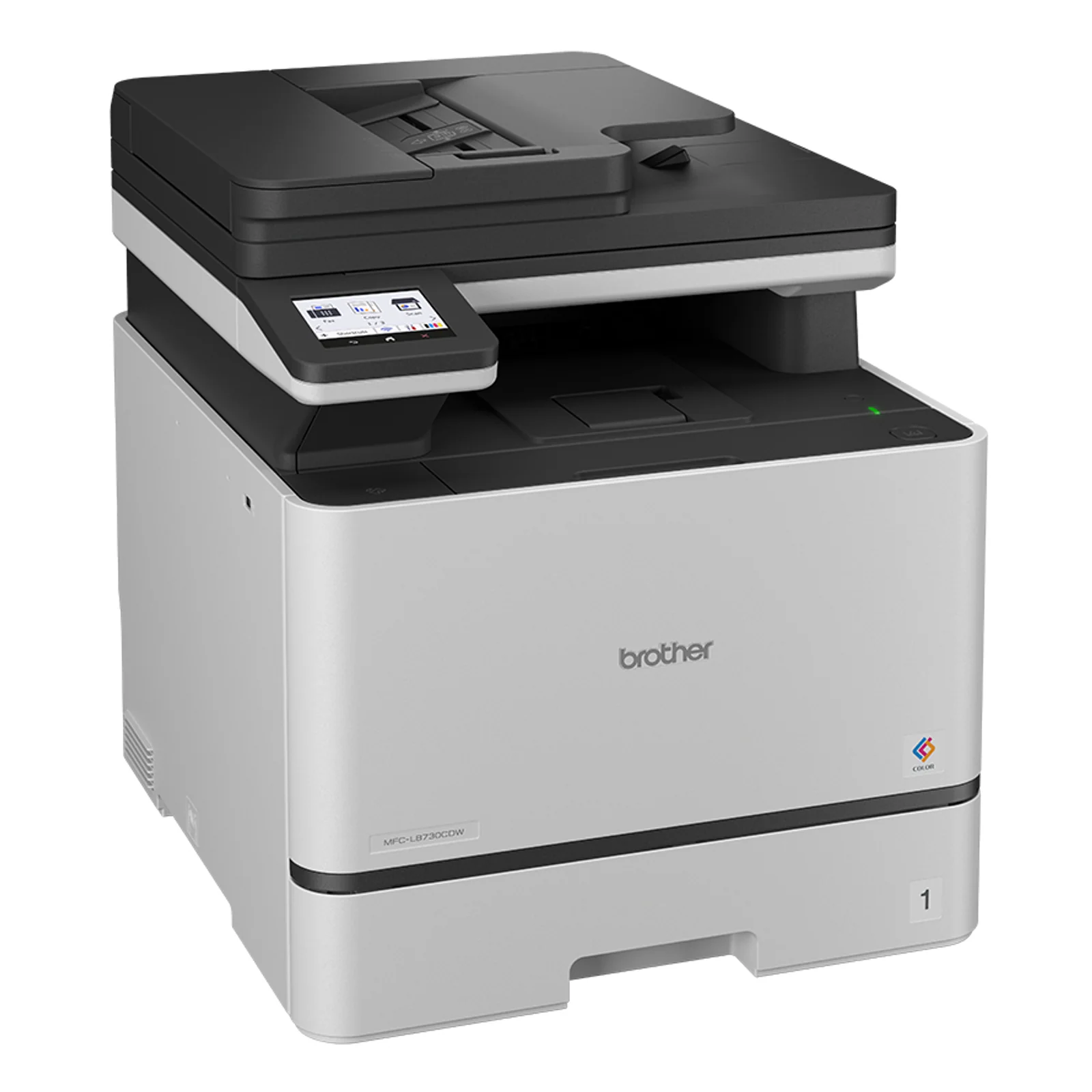 Brother MFC-L8730CDW posée sur un meuble noir devant une étagère en métal et mur en briques rouges