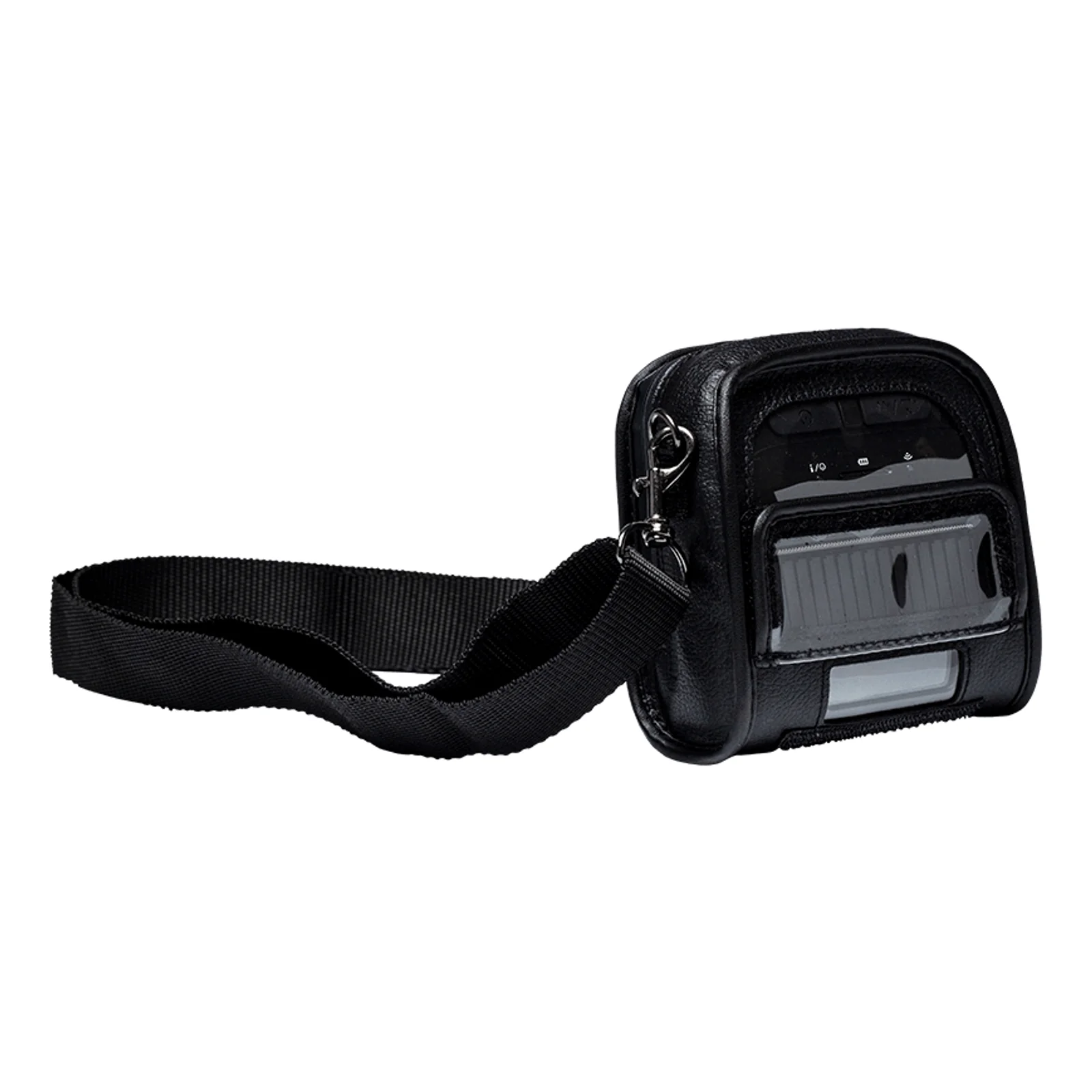 Imprimante mobile Brother insérée dans la housse PA-CC-003 noire avec bandoulière en sangle nylon noire fixée par mousquetons métalliques