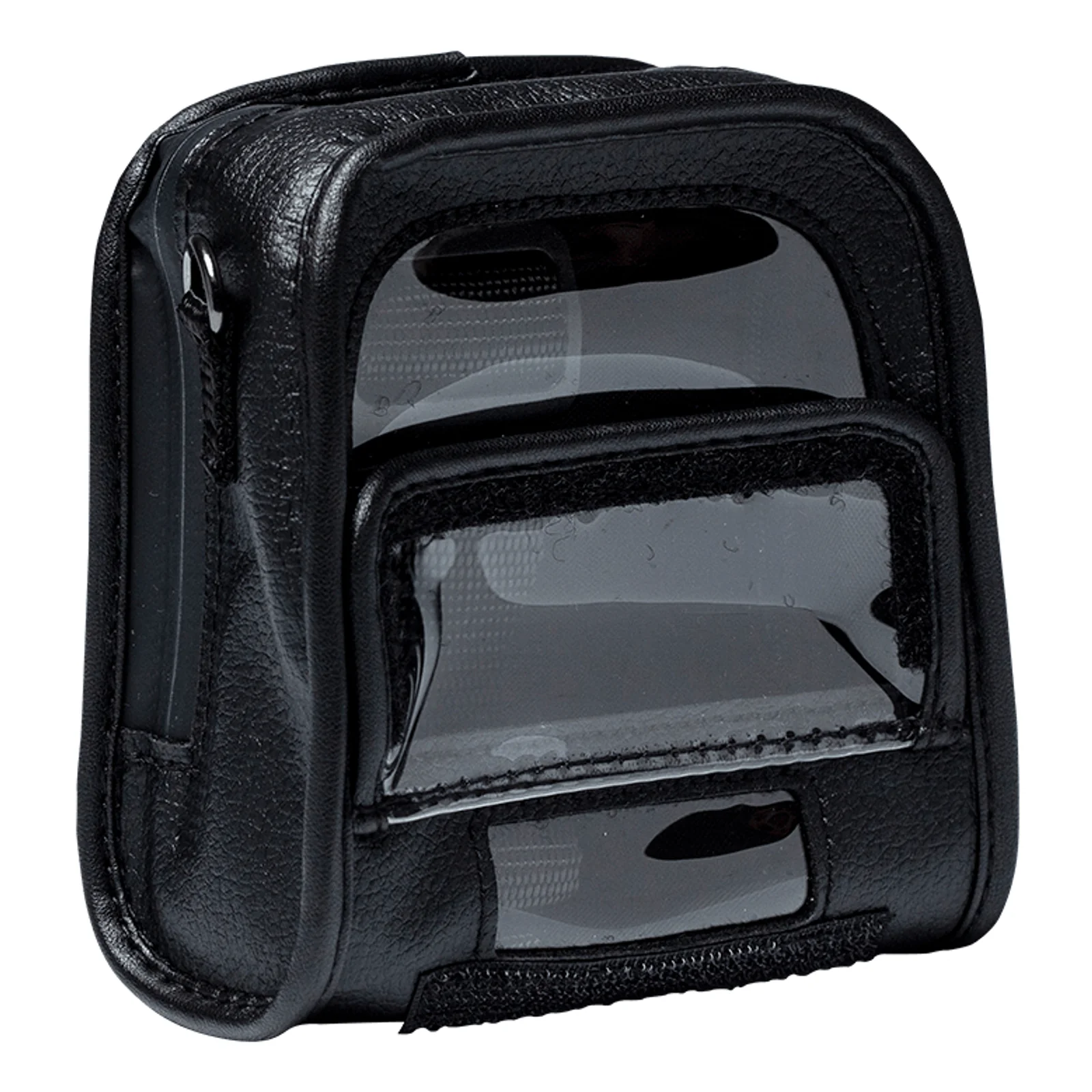Housse Brother PA-CC-003 noire vide vue de trois quarts, anneaux d'attache pour bandoulière et fenêtres plastique transparentes visibles