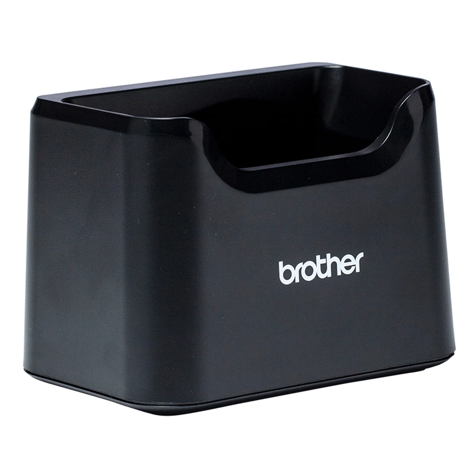Socle de chargement Brother PA-CR-004EU vu de trois quarts, coque plastique noire avec logement supérieur