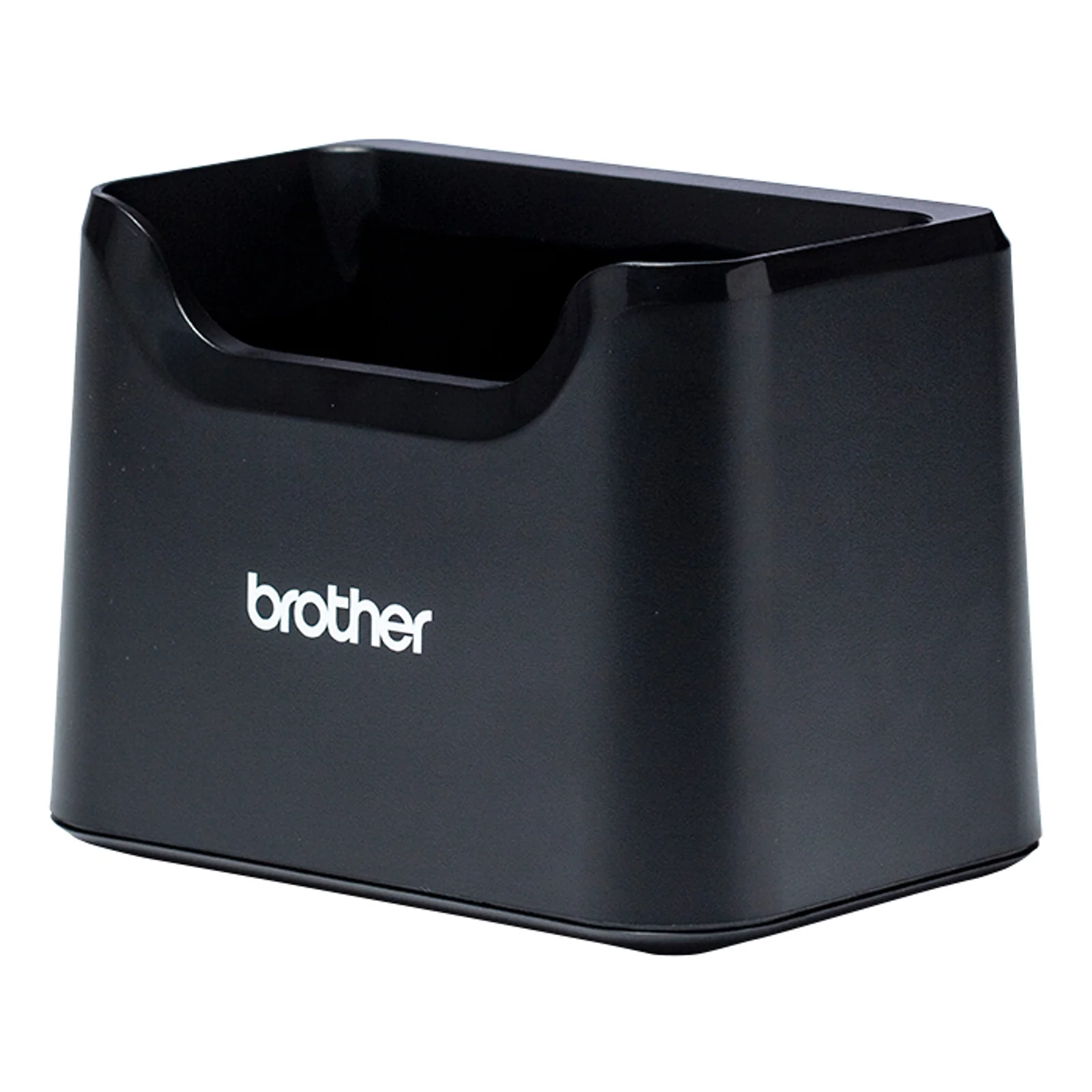 Vue arrière trois quarts du socle PA-CR-004EU, plastique noir lisse avec logo Brother
