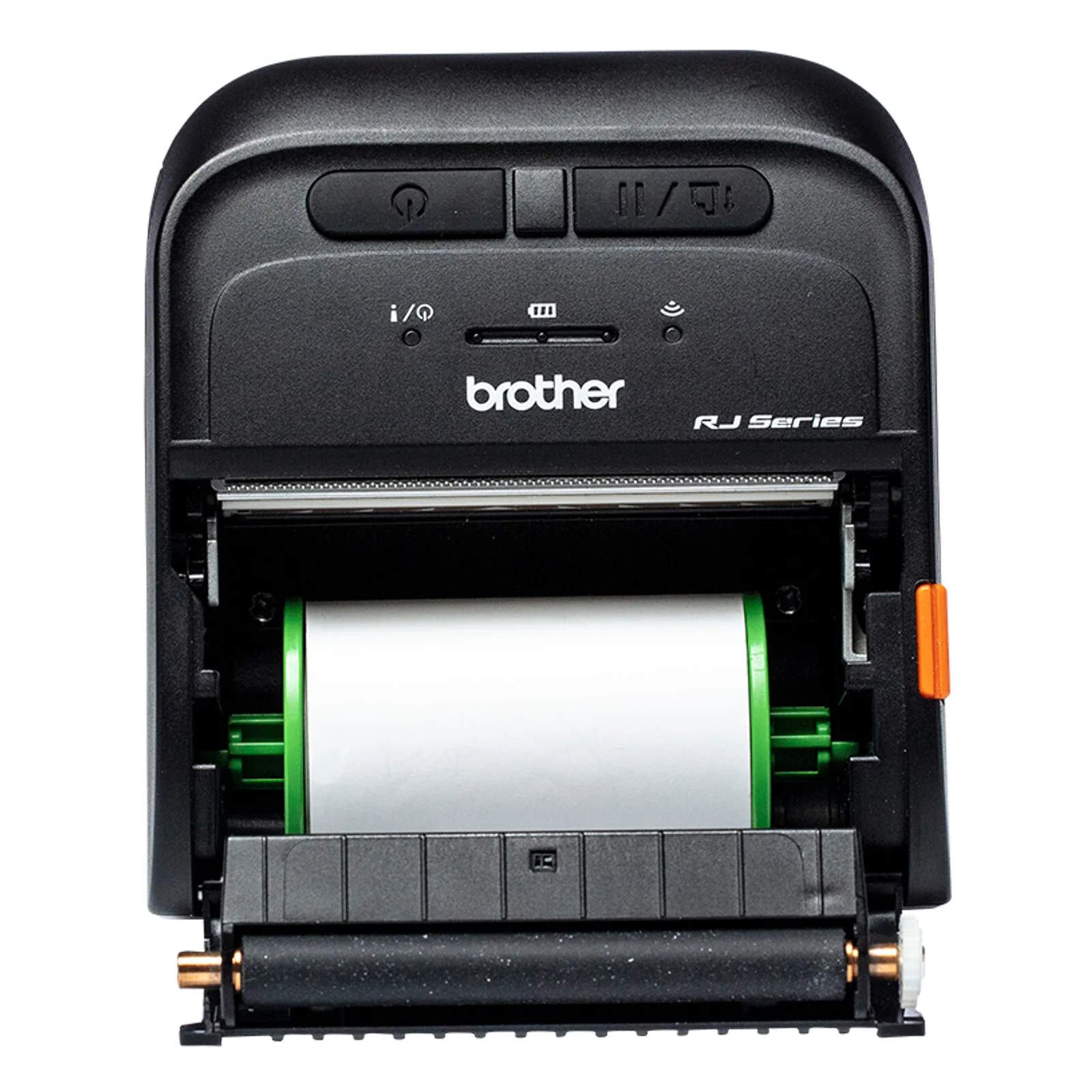 Imprimante thermique mobile Brother RJ Series noire vue de face, support de rouleau vert PA-RH-002 installé dans le compartiment papier