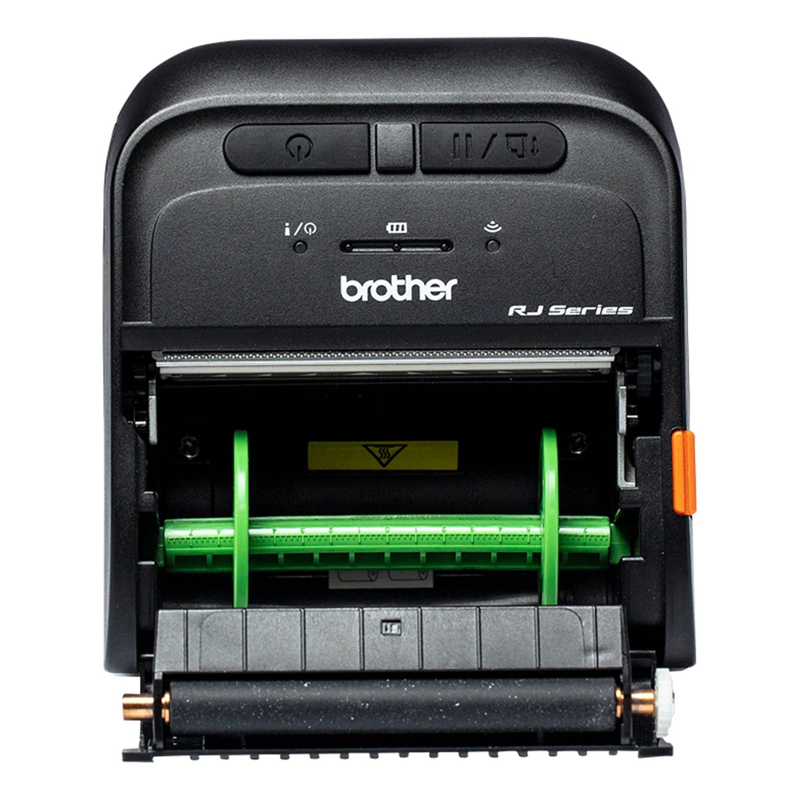 Imprimante thermique mobile Brother RJ Series ouverte, vue rapprochée du support de rouleau vert PA-RH-002 prêt à recevoir un rouleau papier