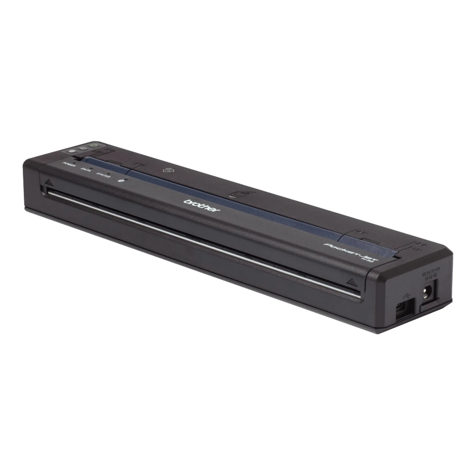 Vue de trois quarts arrière de la PJ-863 noire avec port USB-C et connecteur d'alimentation DC sur la tranche