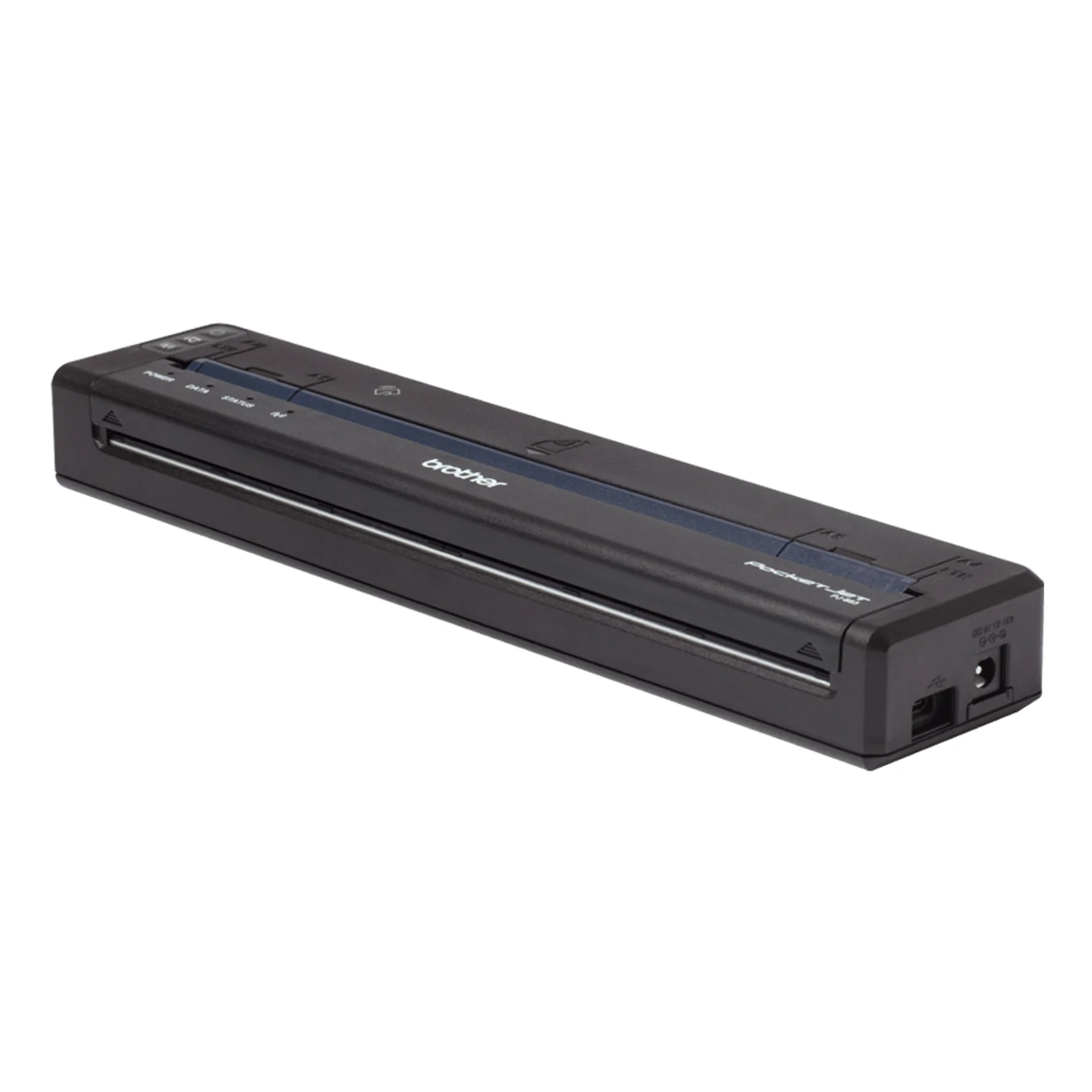 Vue trois-quarts de l'imprimante mobile Brother PocketJet PJ-883 montrant le port USB-C et la prise d'alimentation DC à droite du boîtier