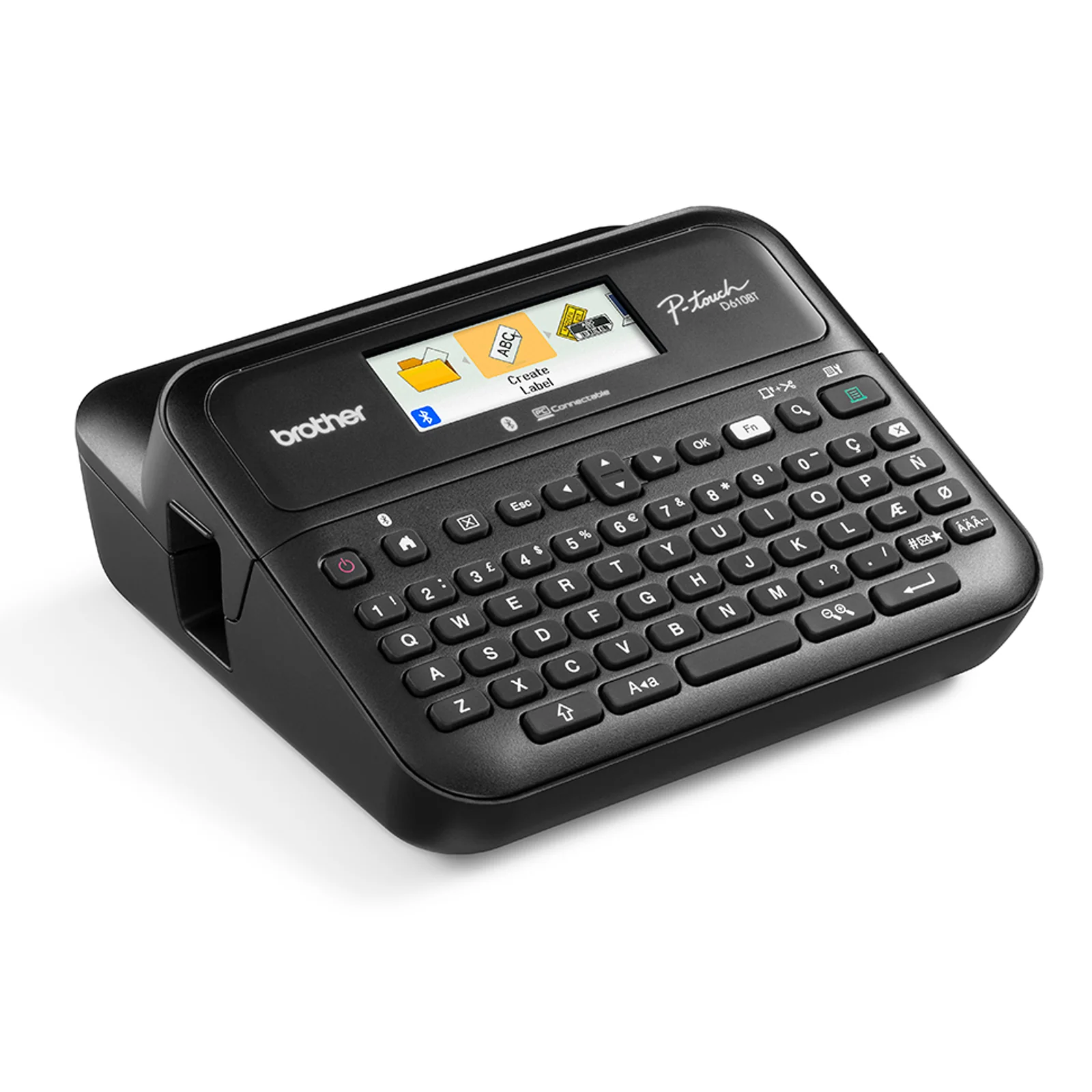 Étiqueteuse Brother PT-D610BT vue de trois quarts mettant en valeur le clavier QWERTY et l'écran couleur