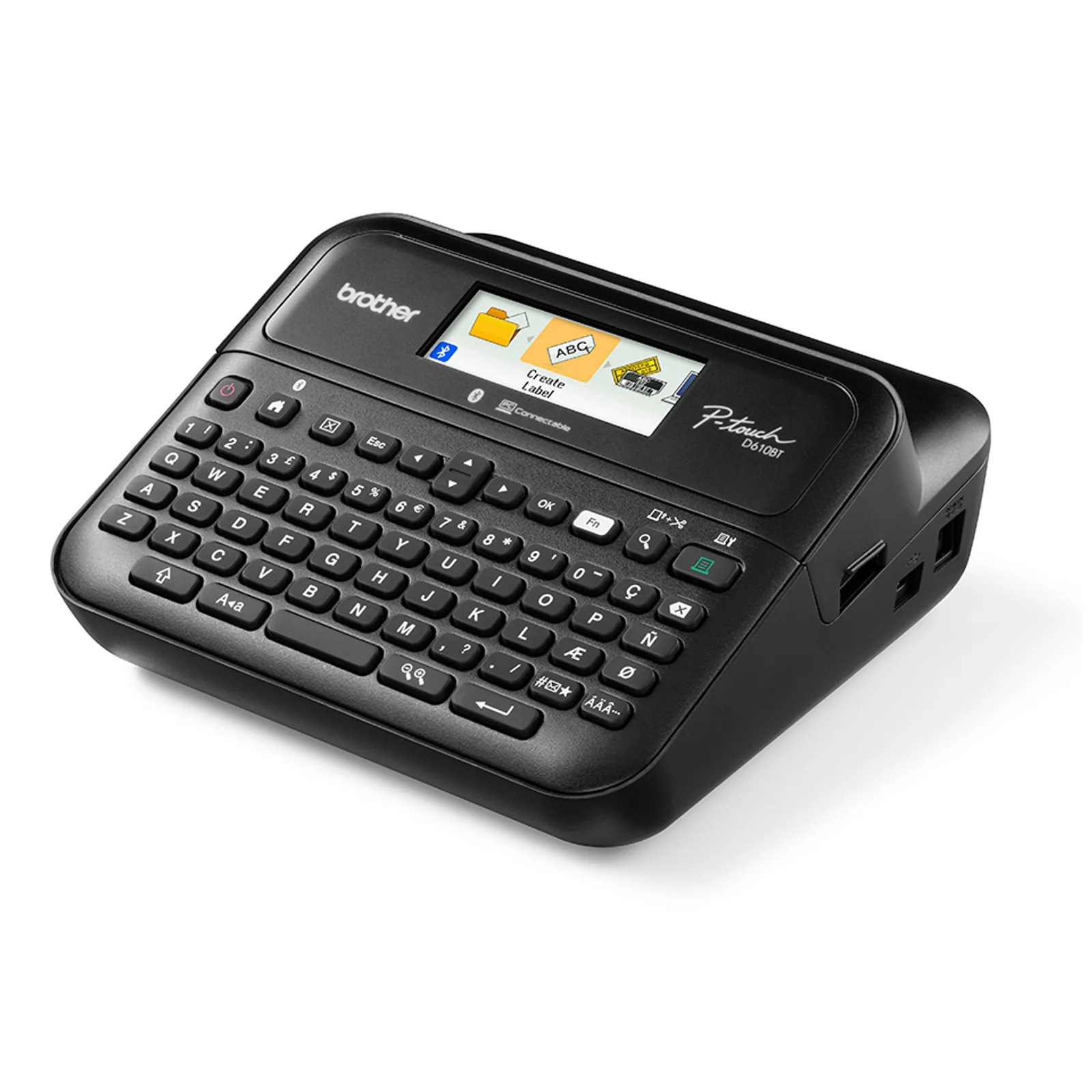 Étiqueteuse Brother PT-D610BT vue latérale avec ports USB et logement ruban TZe sur le côté droit