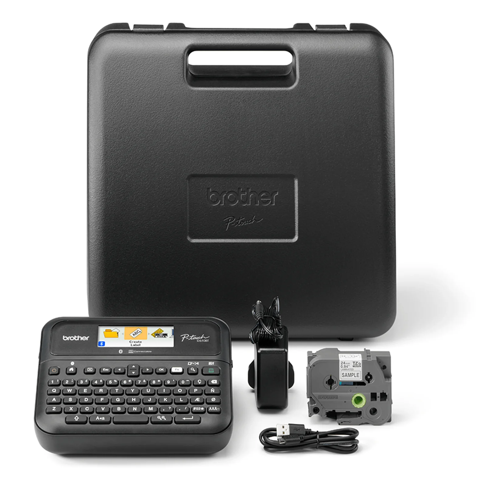 Pack Brother PT-D610BTVP avec étiqueteuse, mallette rigide noire, adaptateur secteur, ruban TZe et câble USB