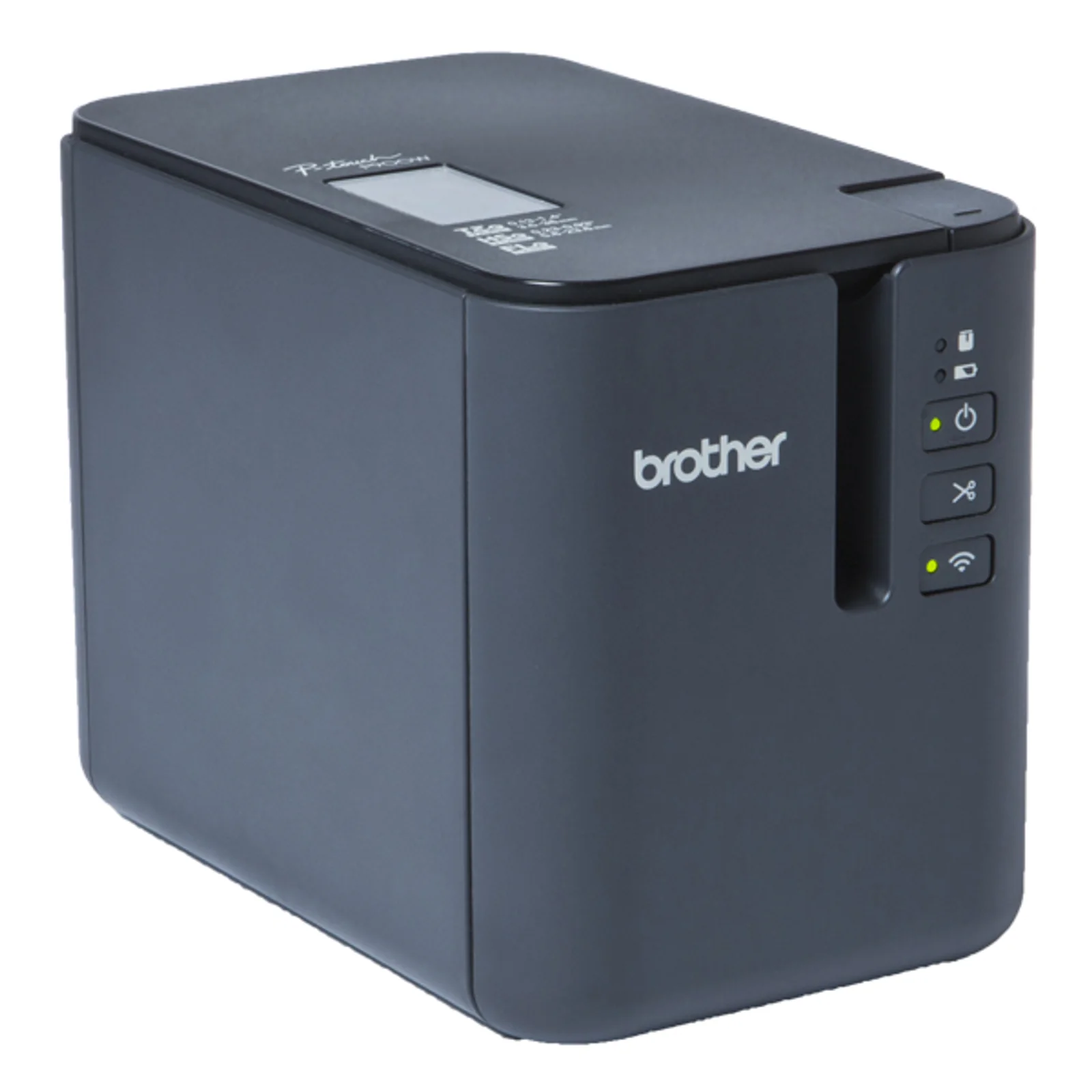 Vue trois quarts de l'étiqueteuse Brother PT-P900Wc grise avec capot fermé sur le compartiment de ruban
