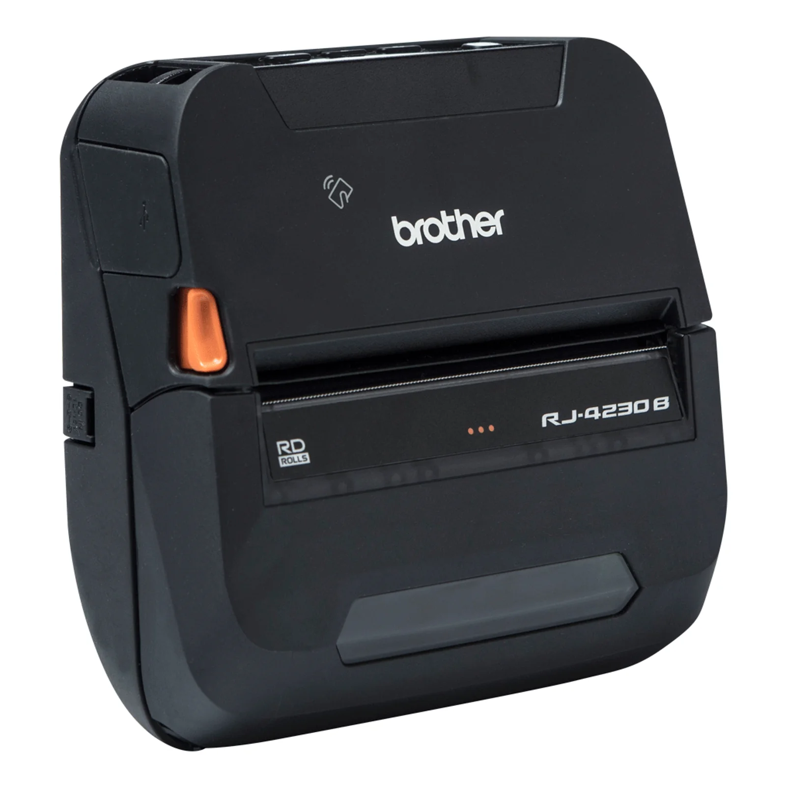 Imprimante mobile Brother RJ-4230B noire vue de trois quarts avec port USB latéral et logo NFC