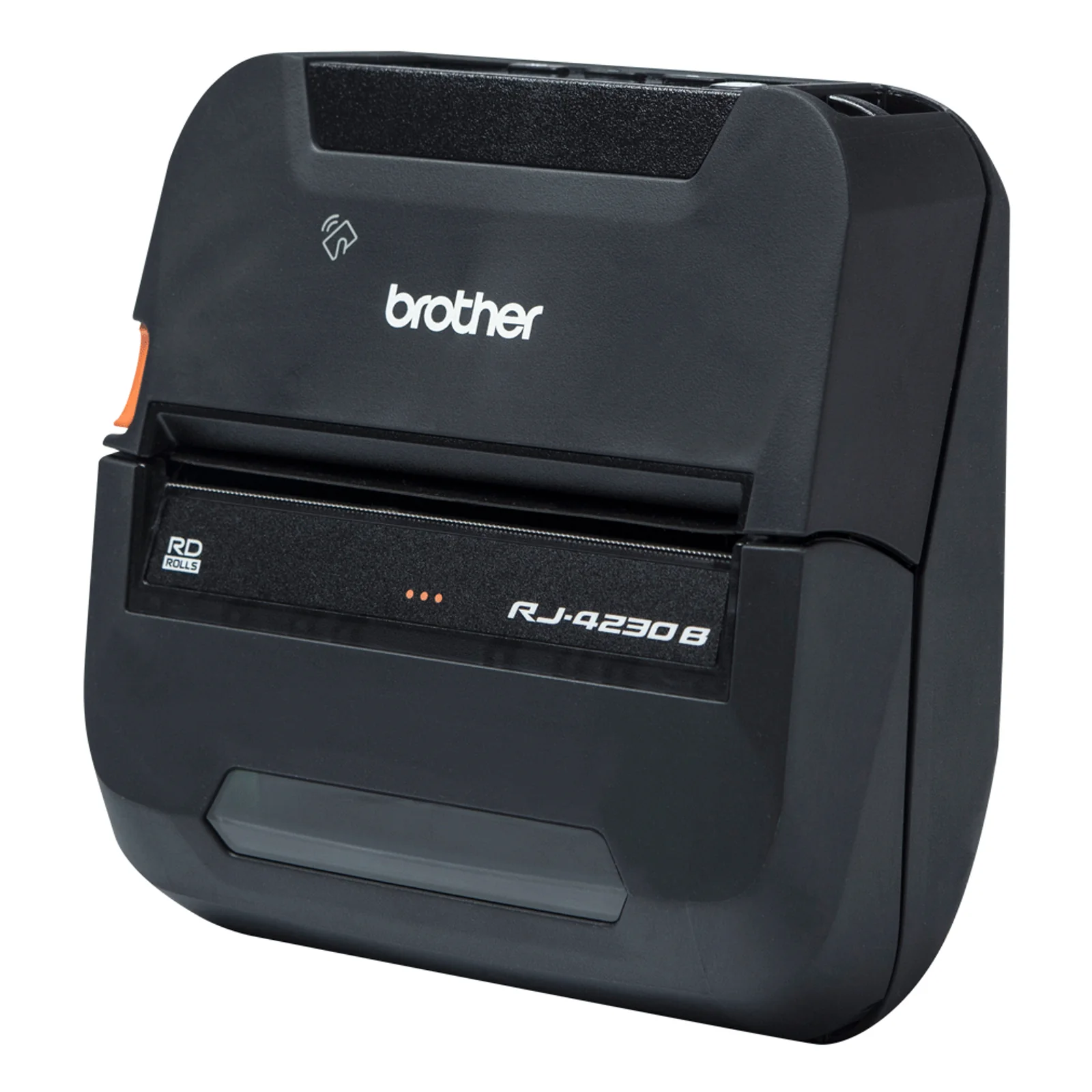 Vue arrière de l'imprimante Brother RJ-4230B noire avec logo NFC et zone d'éjection des étiquettes