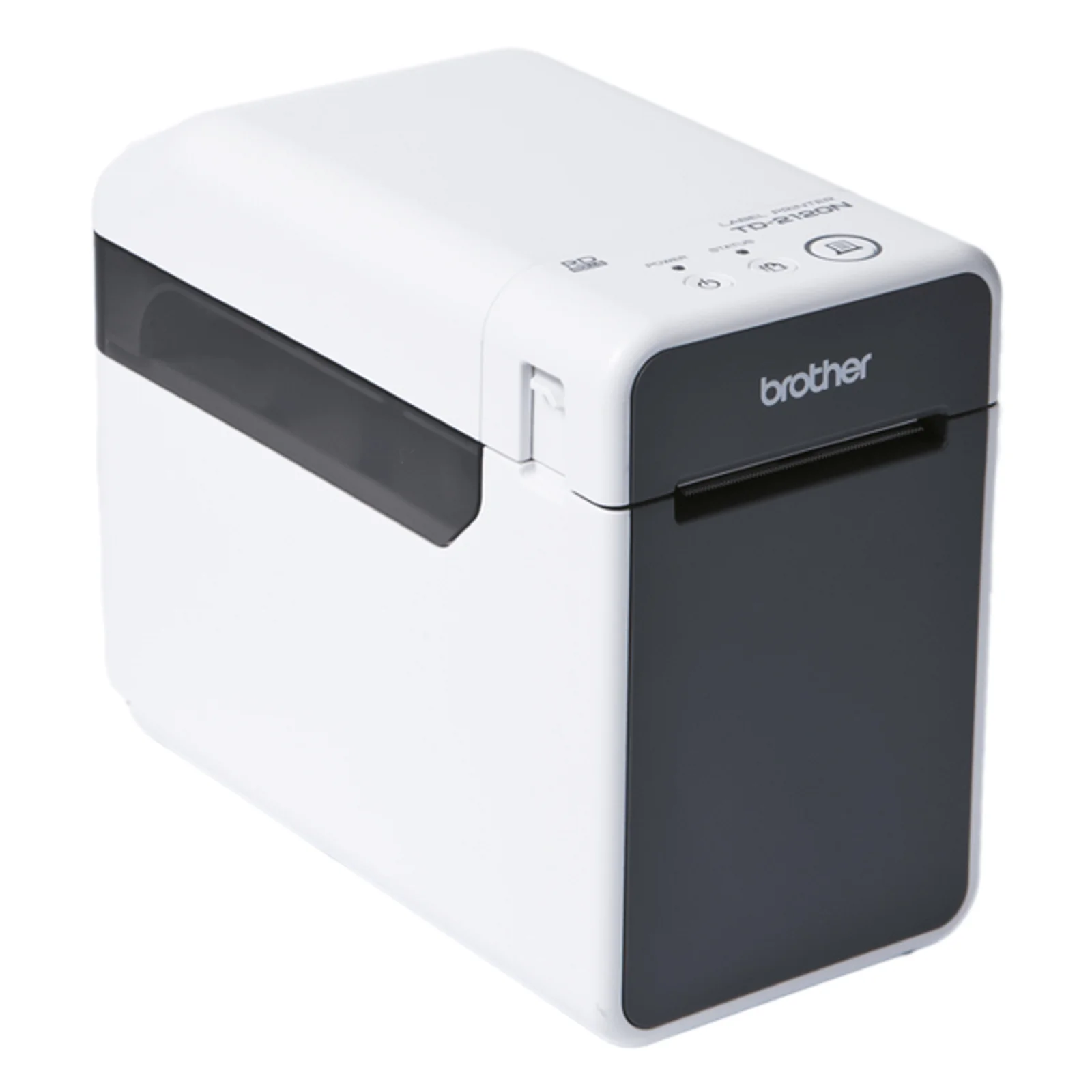 Brother TD-2125N vue en perspective trois quarts droite, capot supérieur blanc et flanc latéral foncé pour ouverture du rouleau