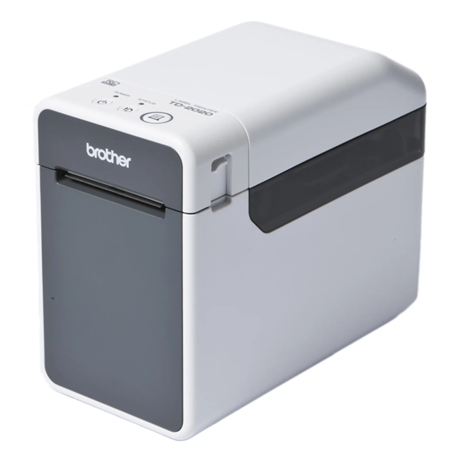 Brother TD-2125NWB vue de côté blanche avec capot transparent et bouton d'alimentation