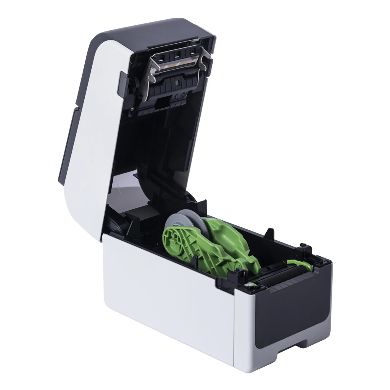Capot ouvert de la Brother TD-2350D laissant apparaître le mécanisme thermique et les guides verts.