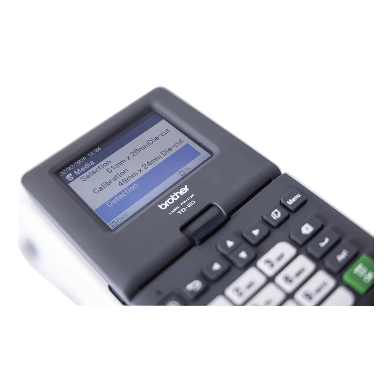 Gros plan de l'écran LCD de la TD-2350D affichant le menu Media Selection et Calibration.