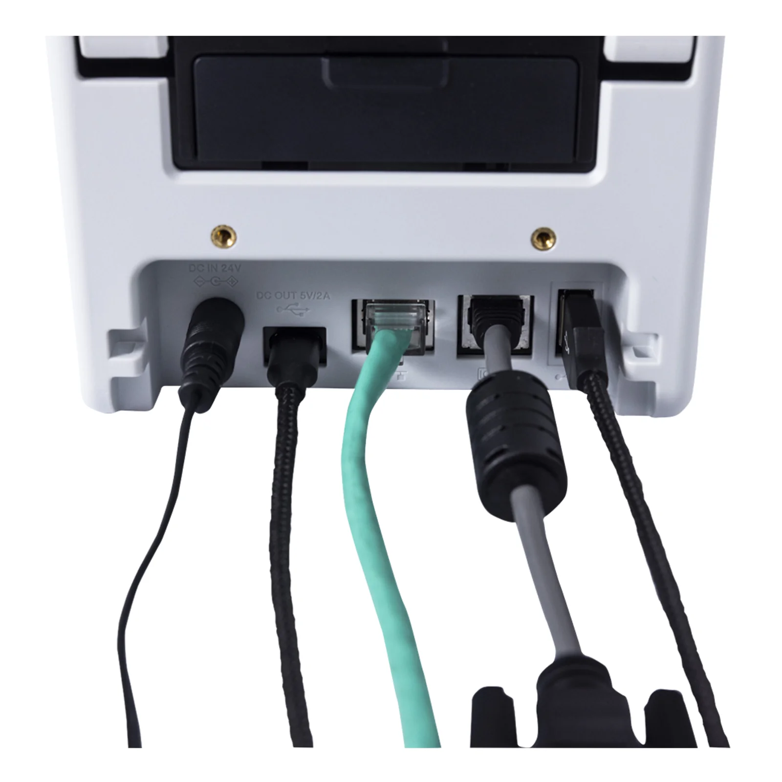 Arrière de la TD-2350D avec ports DC IN 24V, USB hôte, Ethernet, USB 2.0 et série branchés.
