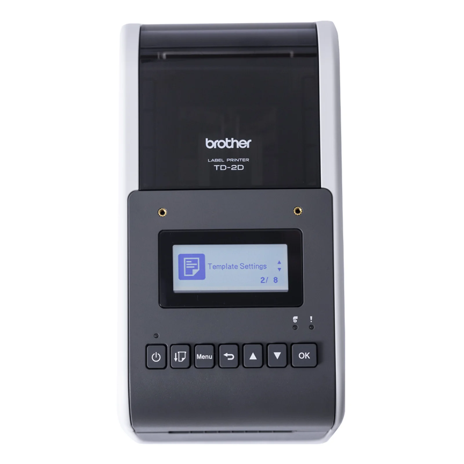 Imprimante Brother TD-2D vue de dessus avec capot transparent fumé et panneau de commande LCD avec sept boutons