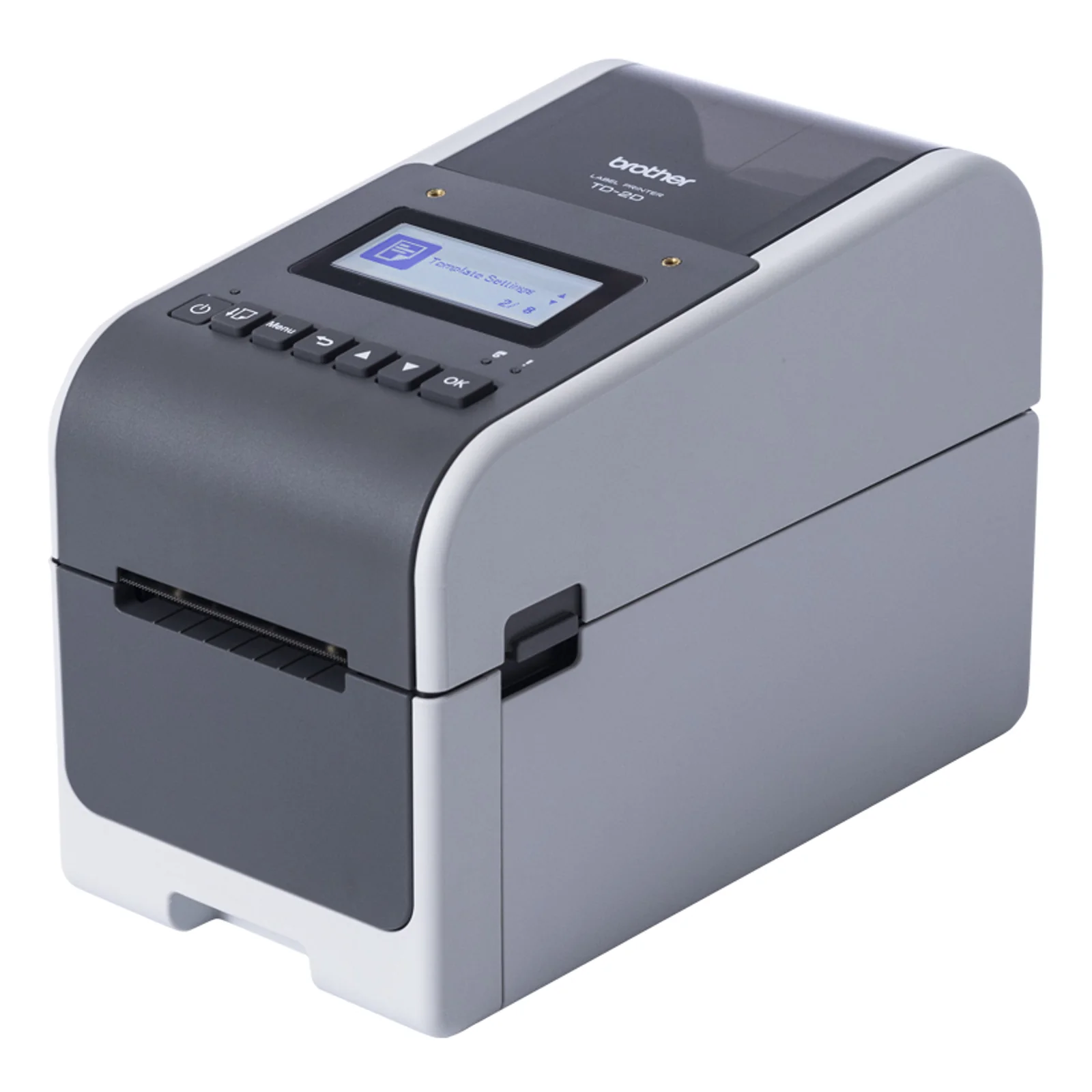 Imprimante Brother TD-2D vue trois quarts arrière gauche avec coque blanche et noire sur fond blanc
