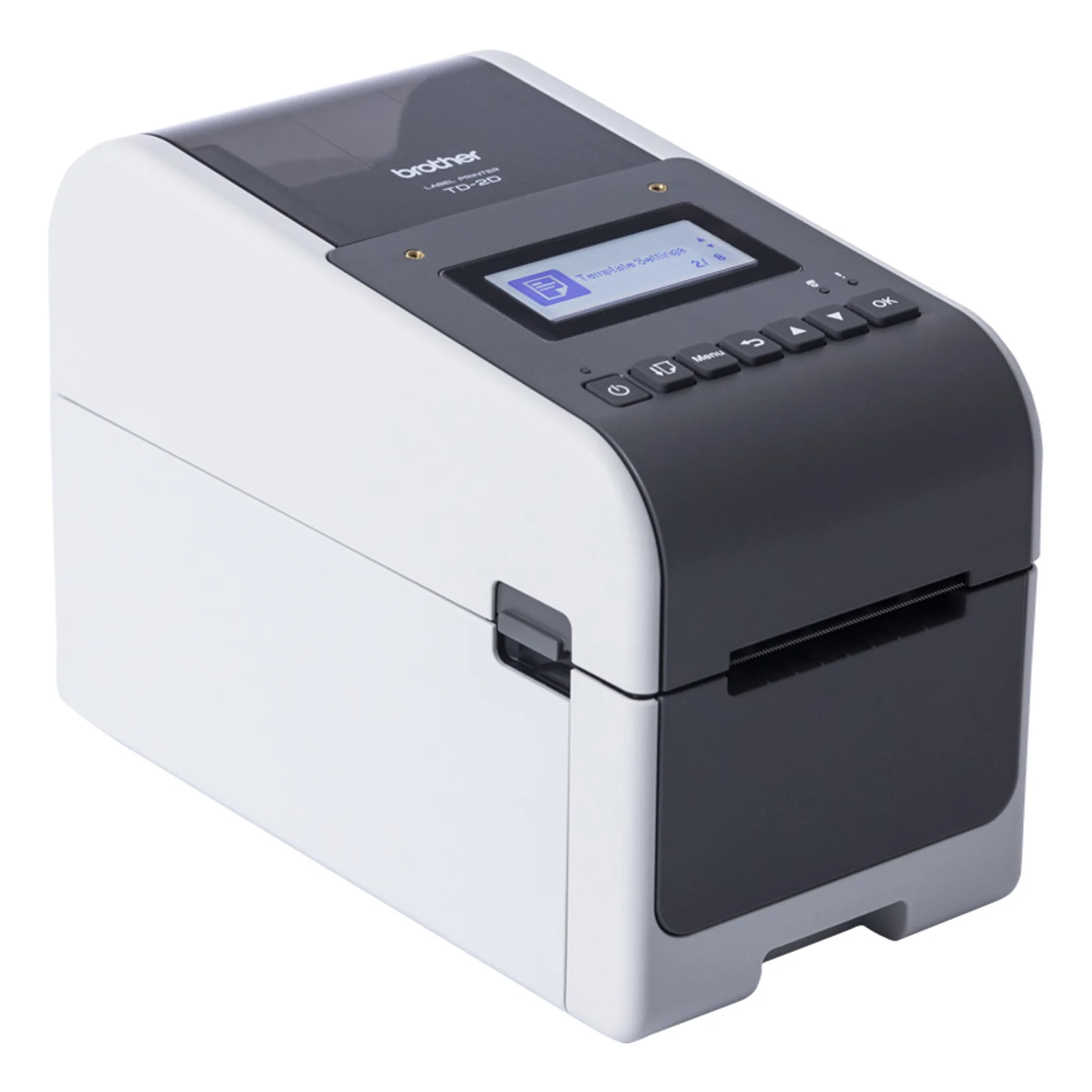Imprimante Brother TD-2D vue trois quarts arrière droite avec écran LCD bleu et boutons de navigation