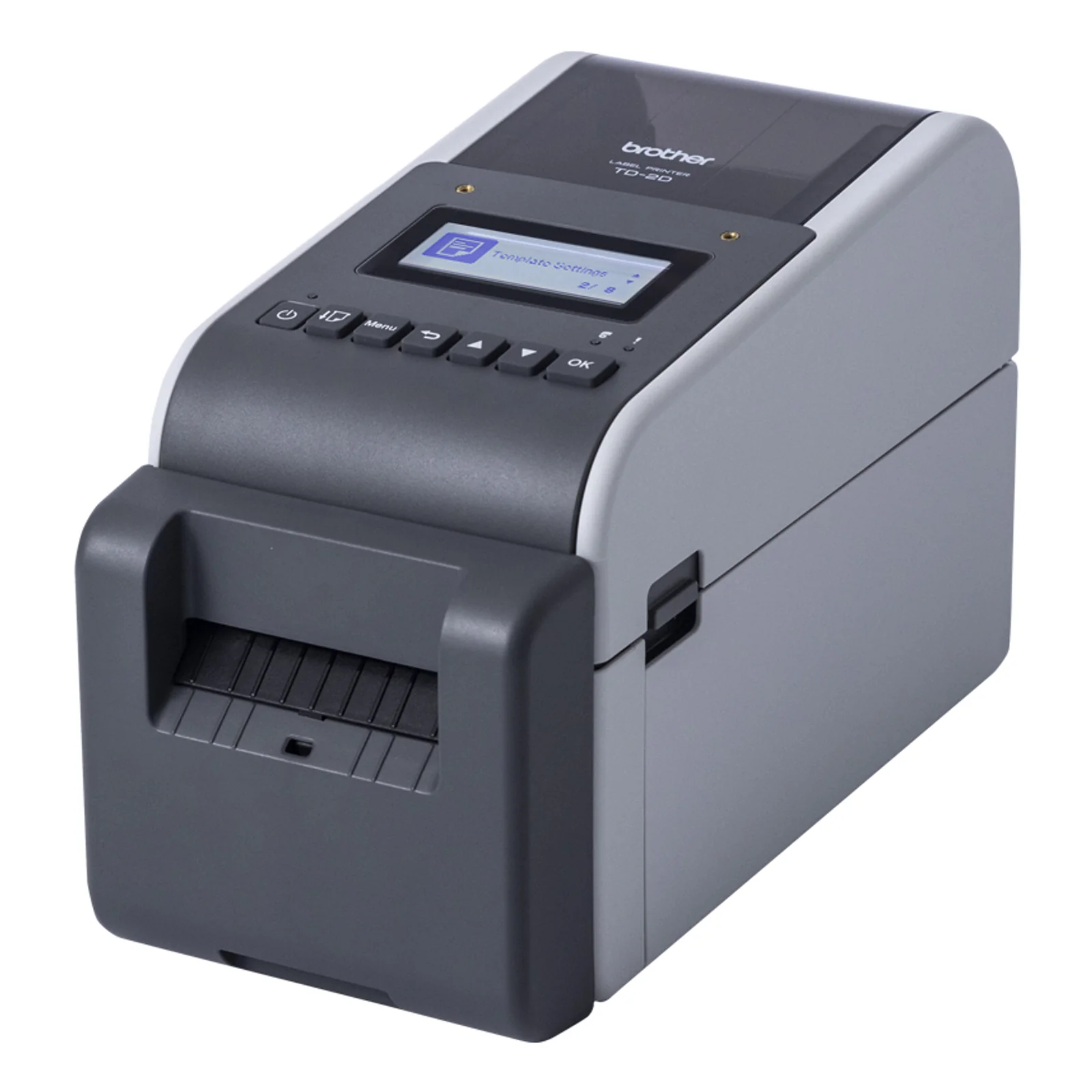 Brother TD-2D vue trois quarts droit avec sortie d'étiquettes et massicot intégré sur la face avant gris foncé