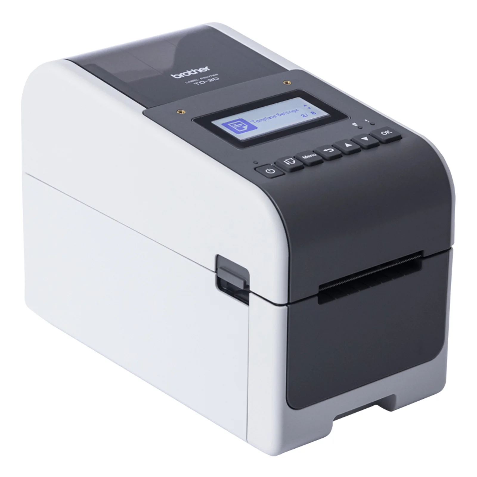 Brother TD-2D vue trois quarts gauche, capot blanc et noir, écran LCD allumé, levier d'ouverture latéral