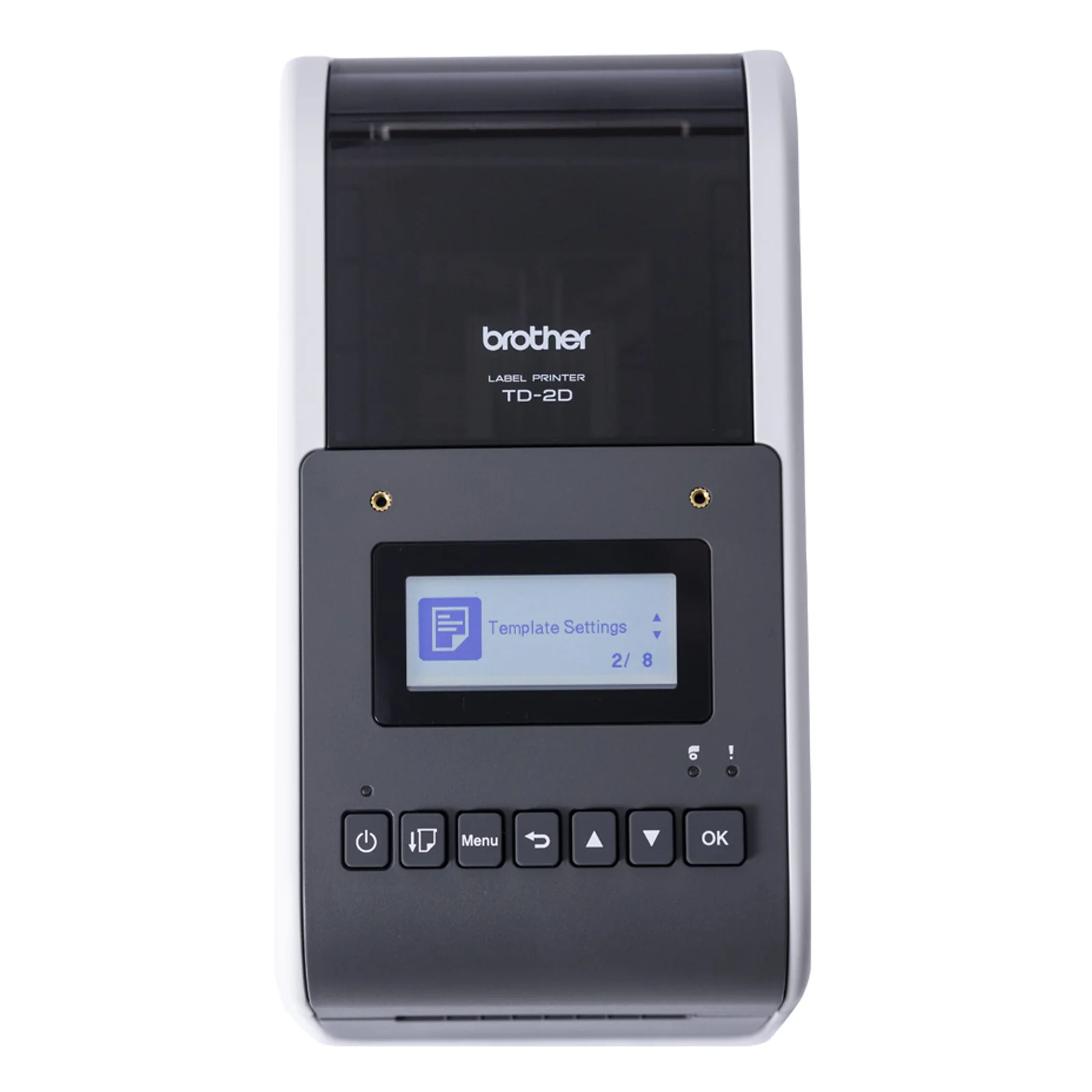 Brother TD-2D vue de dessus avec écran LCD Template Settings et boutons d'alimentation, menu et navigation