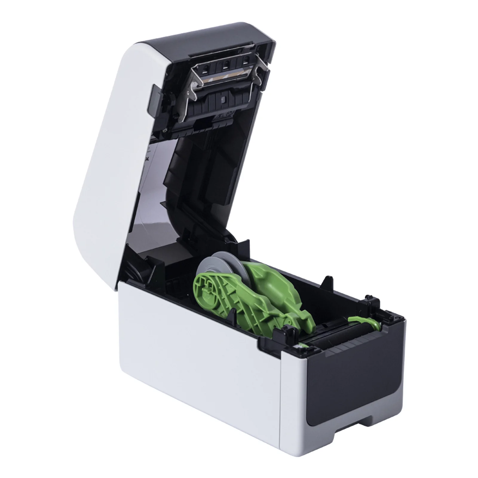 Brother TD-2D capot ouvert, support de rouleau vert intérieur visible, tête d'impression thermique apparente