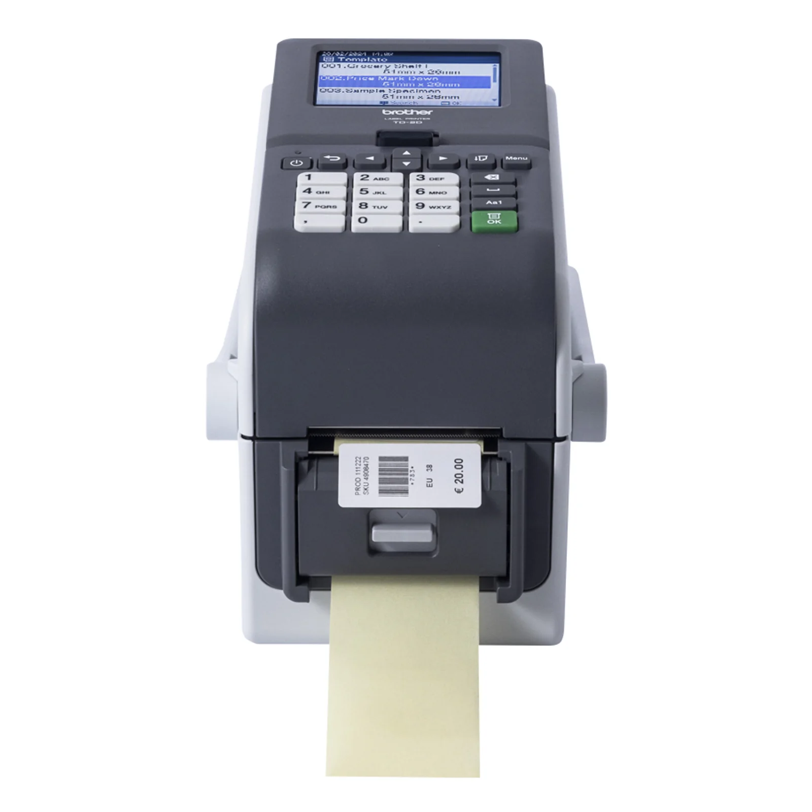 Imprimante Brother TD-2350DSAH avec une étiquette imprimée code-barres et prix sortant par l'avant.