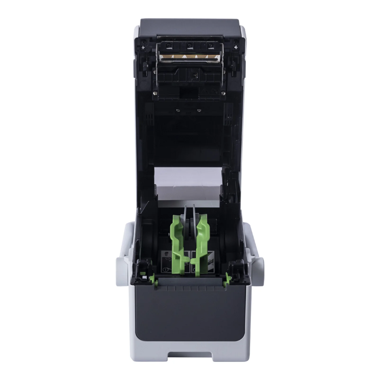 Imprimante Brother TD-2350DSAH ouverte vue de dessus, supports de rouleau verts et tête thermique apparents.