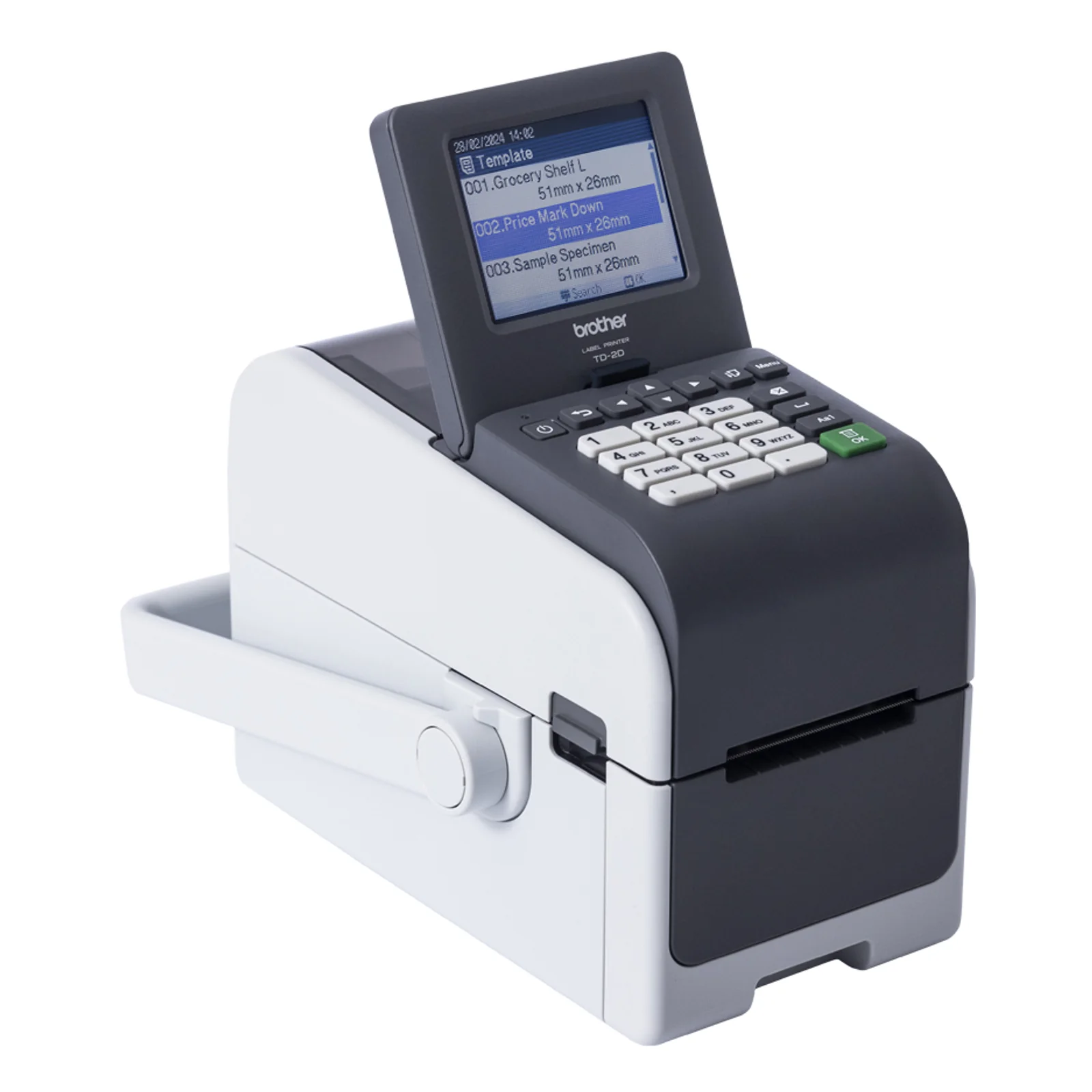 Imprimante Brother TD-2350DSAH vue trois quarts, écran LCD inclinable affichant un menu de modèles d'étiquettes.