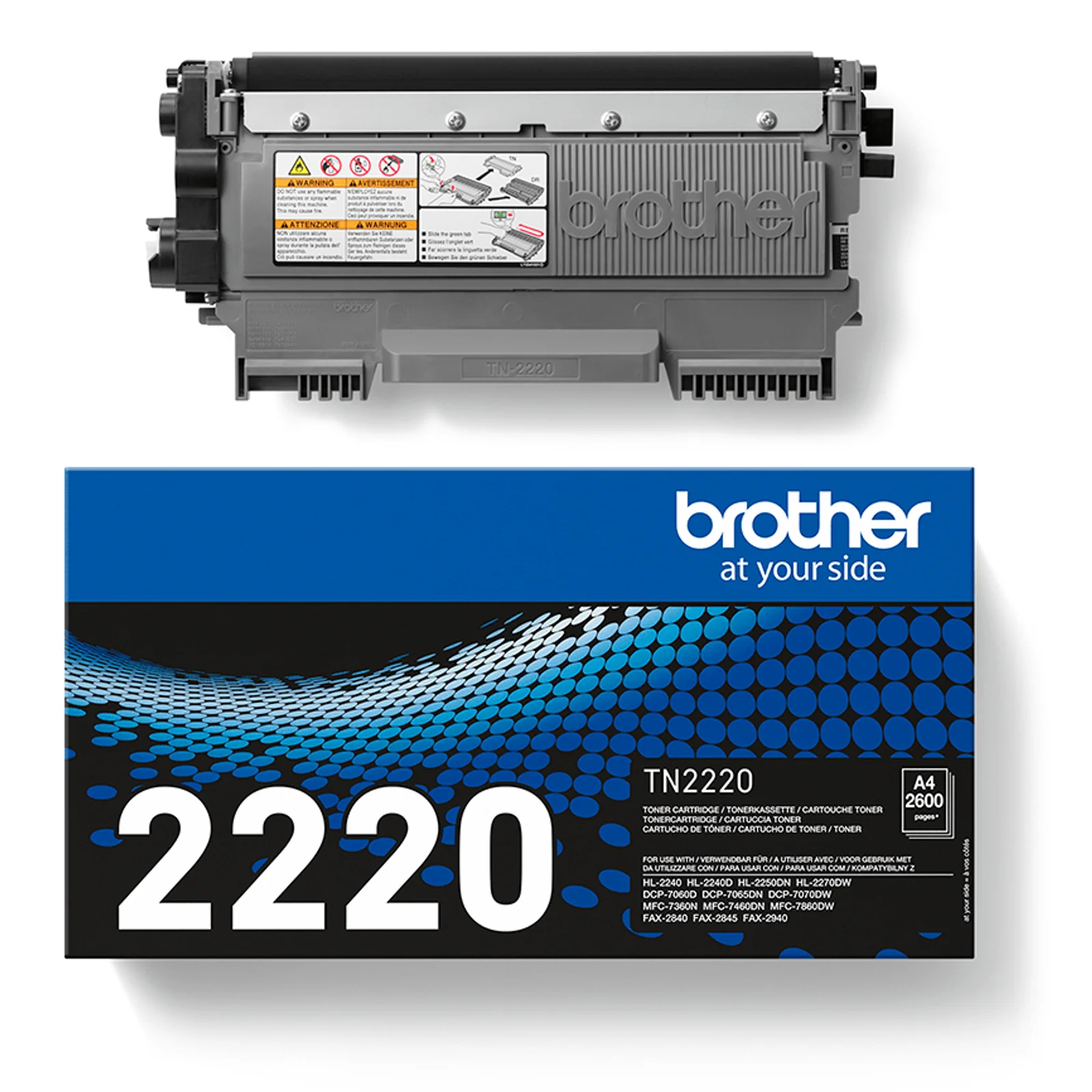 Boîte Brother TN2220 bleue et cartouche de toner noire posées côte à côte sur fond blanc