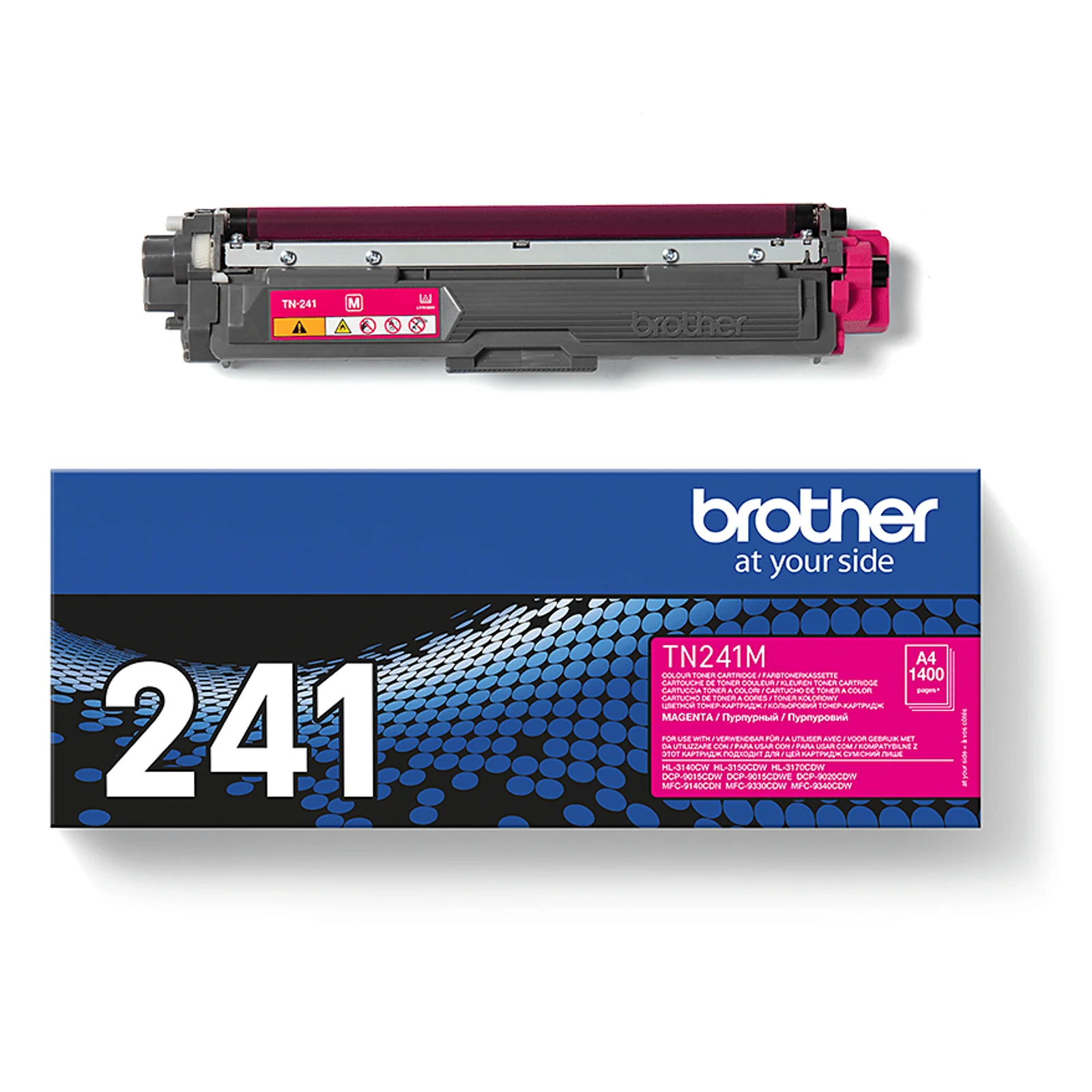 Cartouche Brother TN-241M magenta posée au-dessus de la boîte d'emballage Brother bleu marine