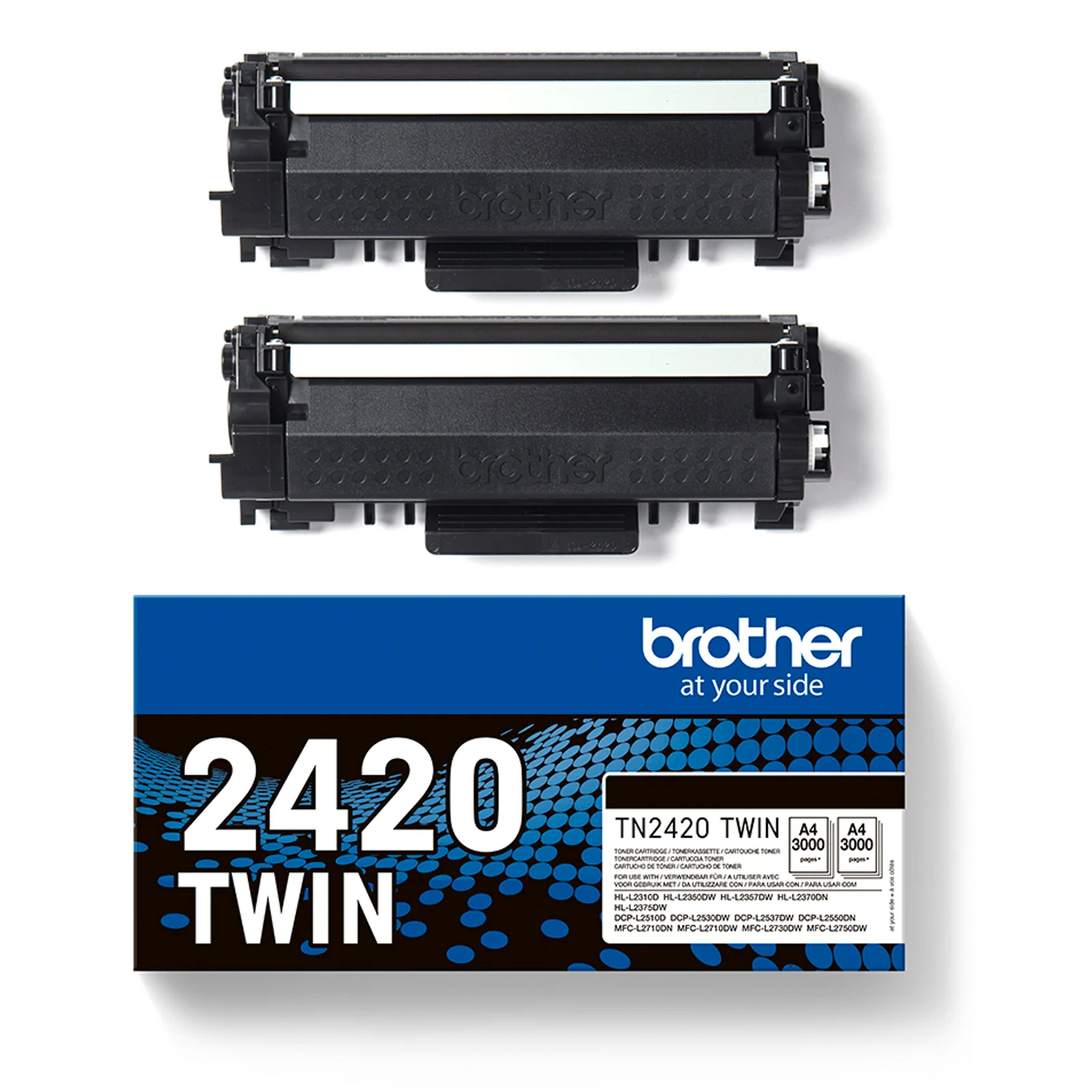 Deux cartouches Brother TN-2420 posées au-dessus de leur boîte d'emballage bleue