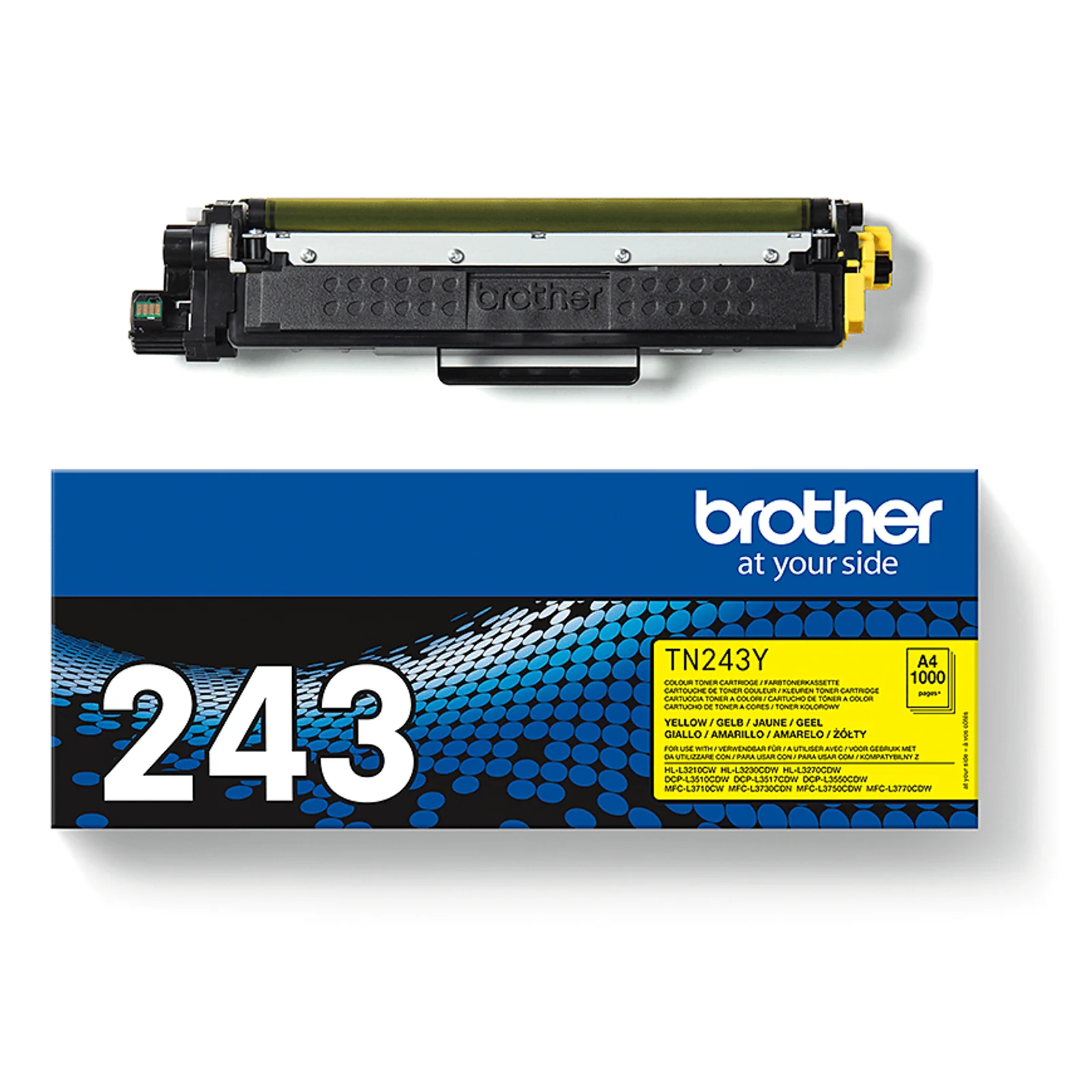 Cartouche Brother TN-243Y et sa boîte bleue avec marquage 243 vues côte à côte sur fond blanc