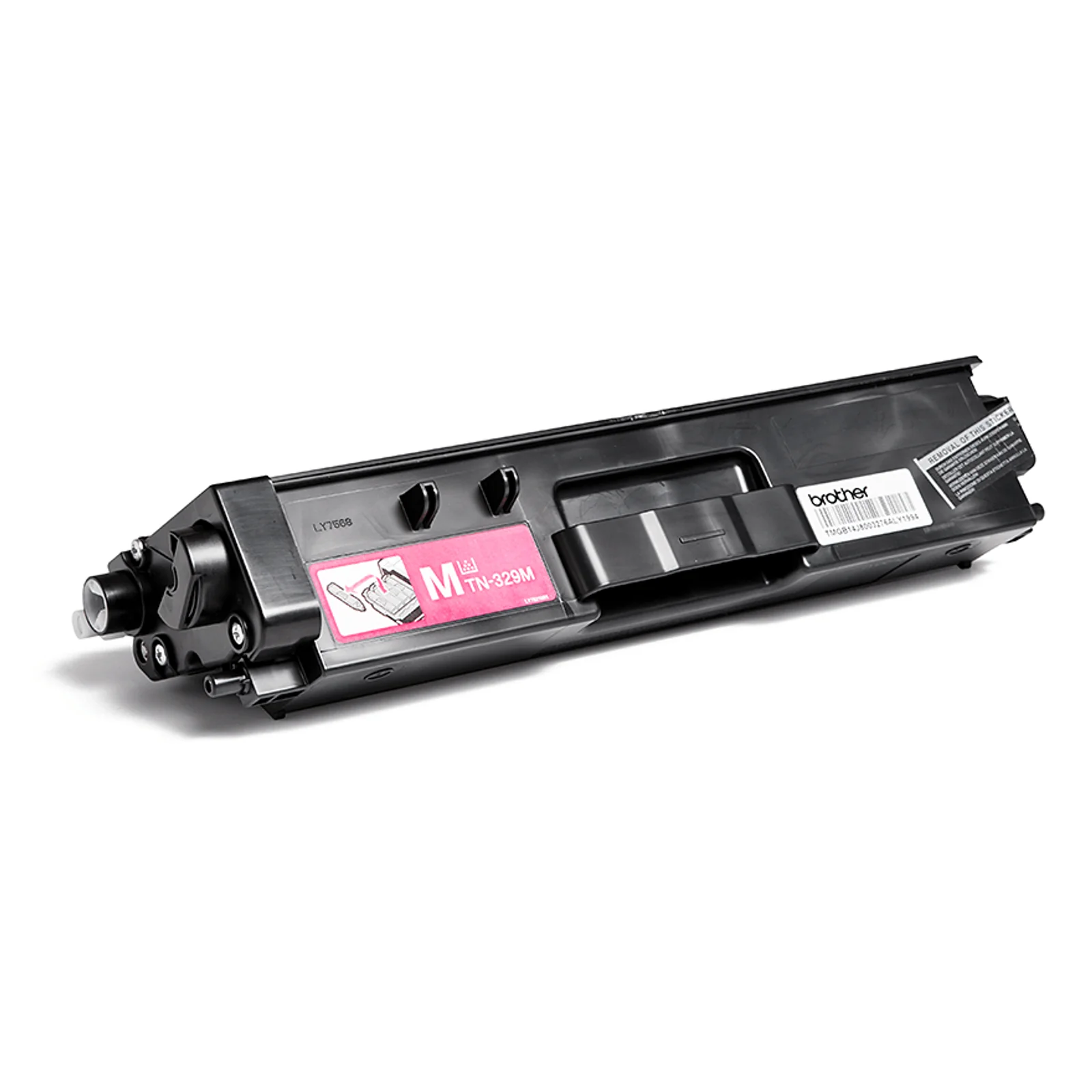 Cartouche de toner Brother TN-329M noire vue de trois quarts avec étiquette magenta indiquant le modèle