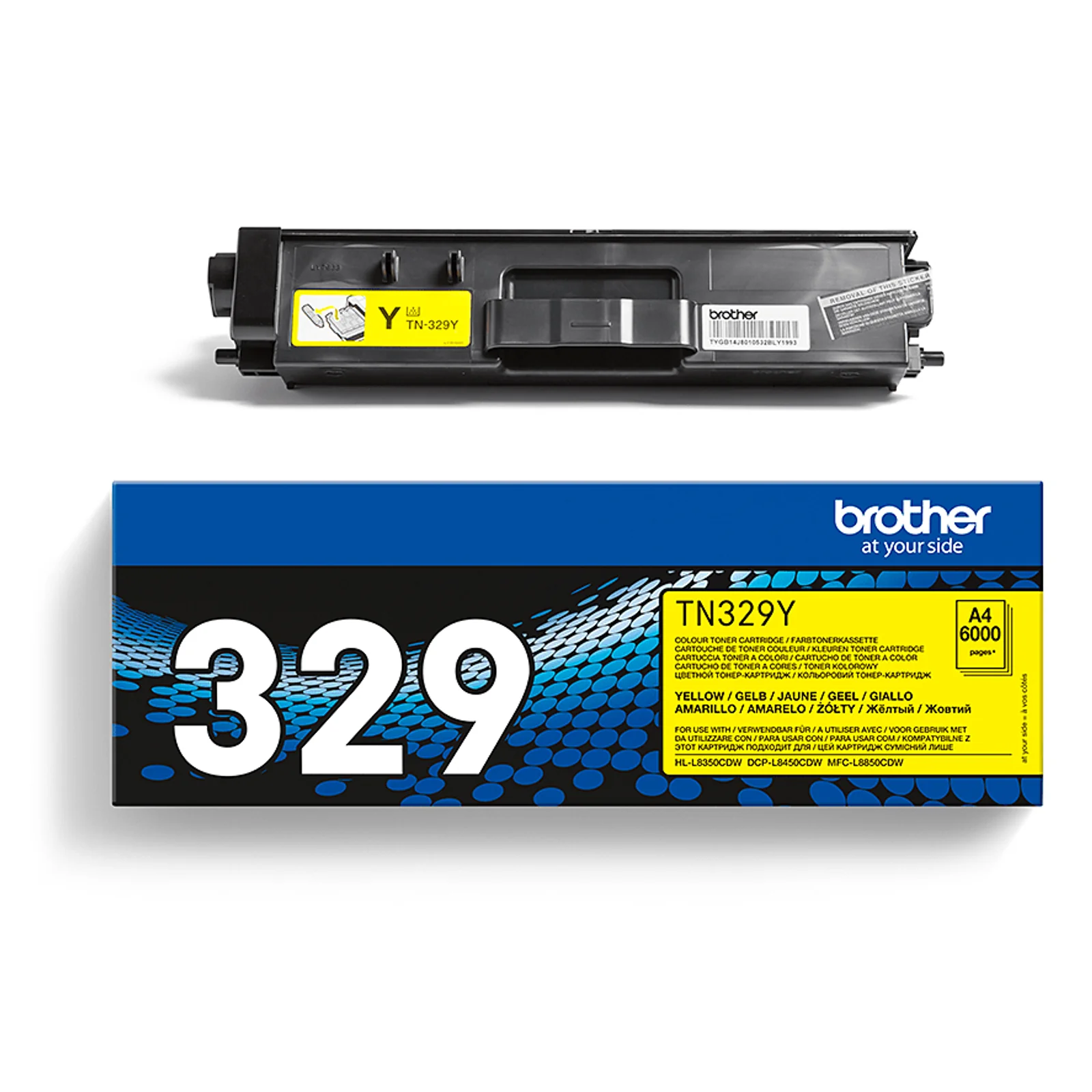 Cartouche TN-329Y et boîte bleue Brother côte à côte sur fond blanc