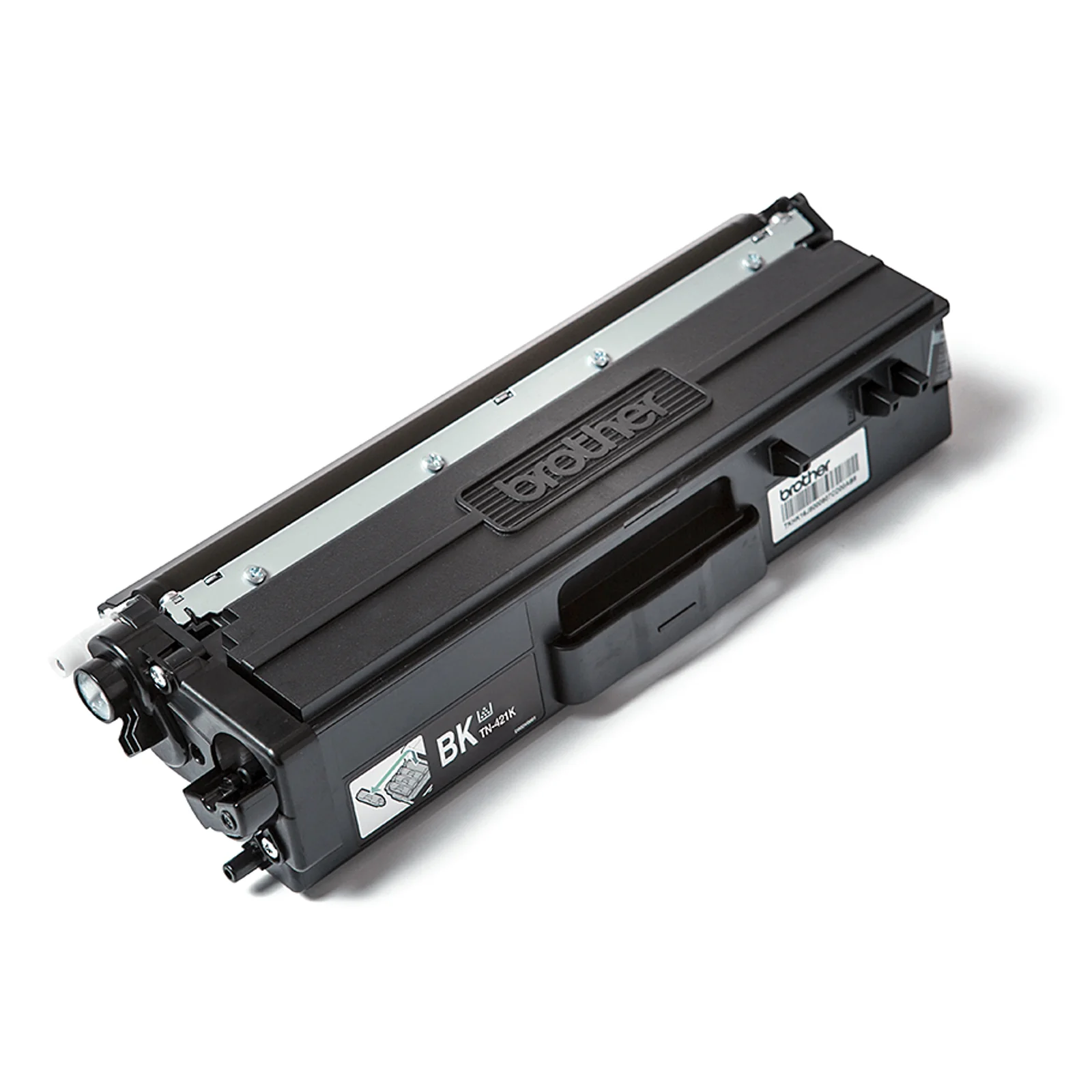 Cartouche toner Brother TN-421BK noire vue trois quarts avec étiquette BK TN-421K