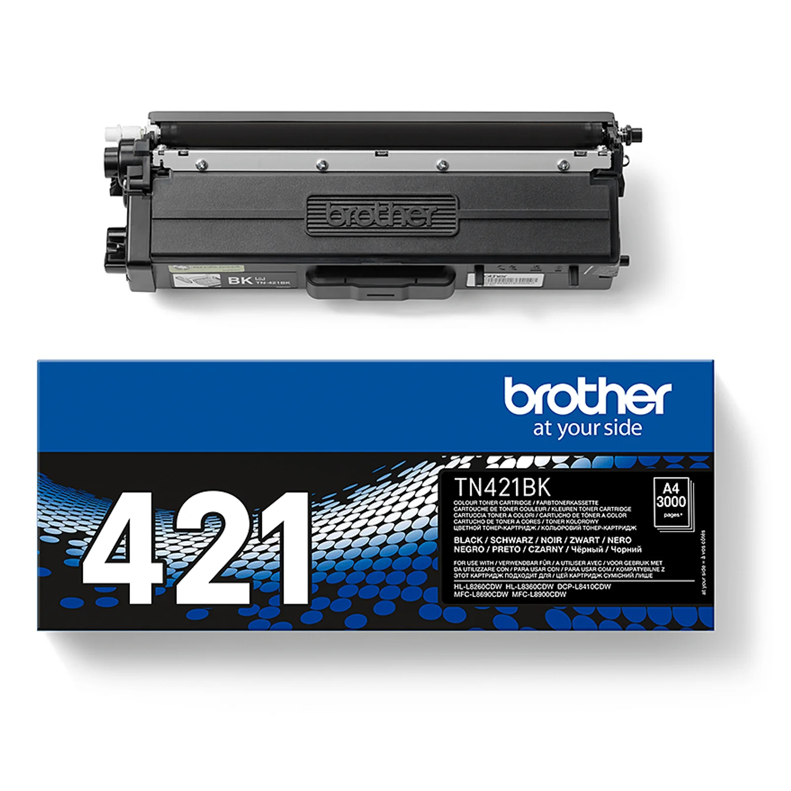 Cartouche TN-421BK noire posée au-dessus de la boîte d'emballage Brother bleue