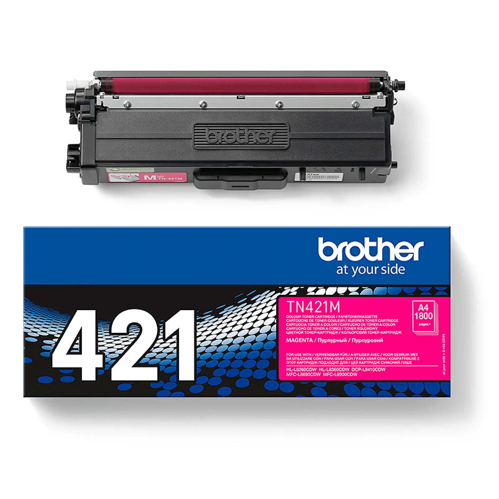 Cartouche de toner Brother TN-421M avec marqueur magenta vue de trois quarts
