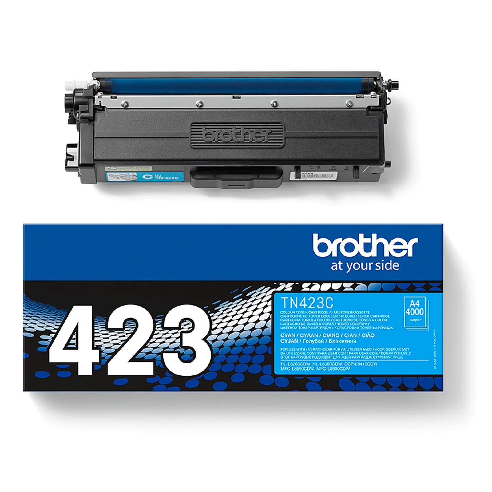 Cartouche TN-423C cyan posée au-dessus de sa boîte d'emballage Brother
