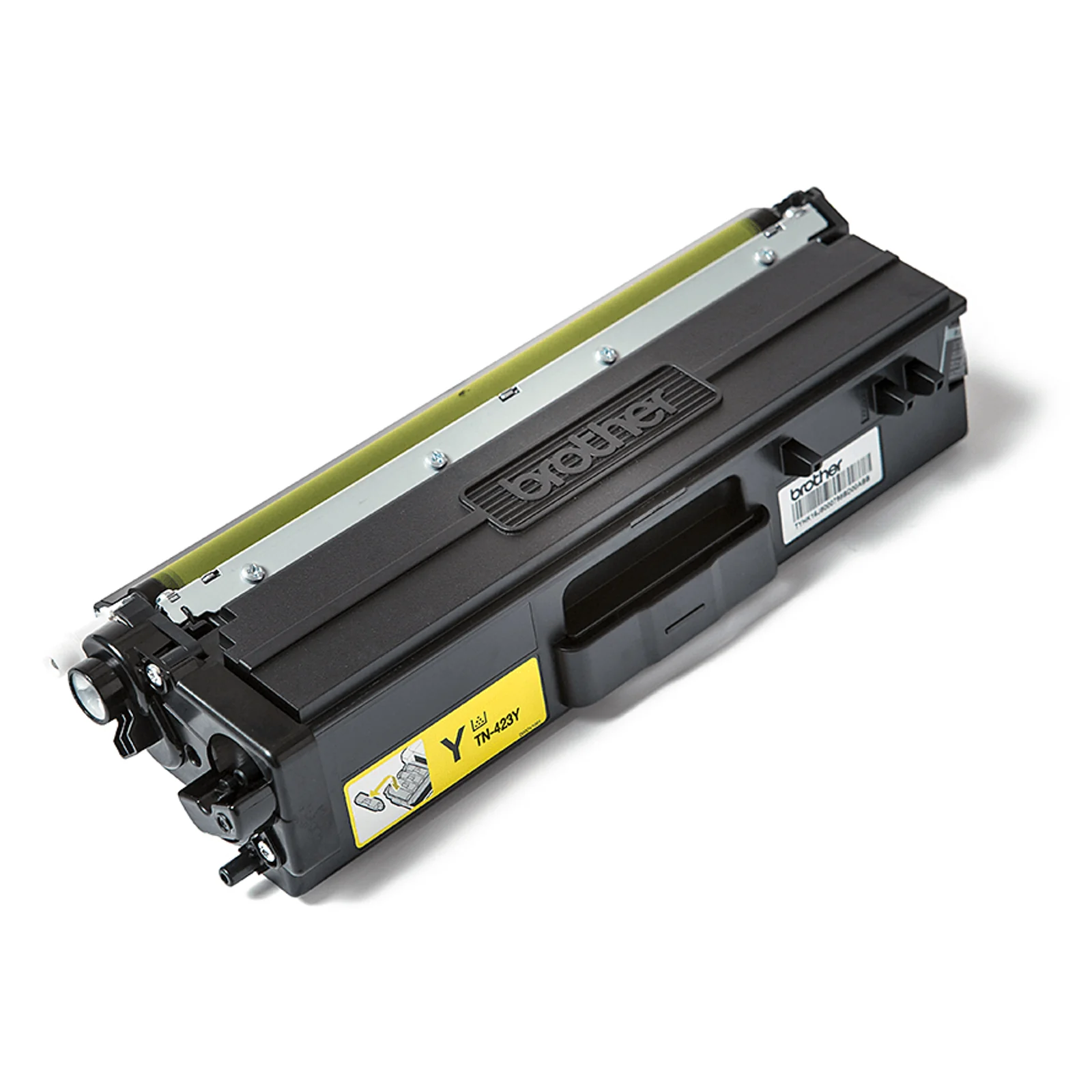 Cartouche de toner Brother TN-423Y noire et jaune vue trois quarts avec étiquette code-barres