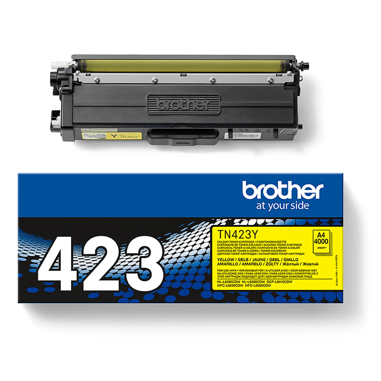 Cartouche TN-423Y exposée à côté de sa boîte bleue Brother avec gros chiffre 423
