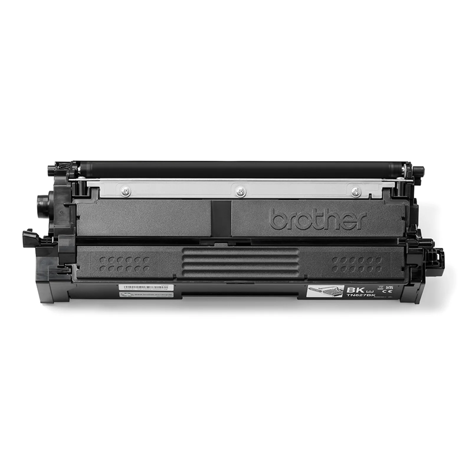 Cartouche de toner Brother vue de face avec tambour OPC bleu apparent en partie haute et étiquette colorée du modèle