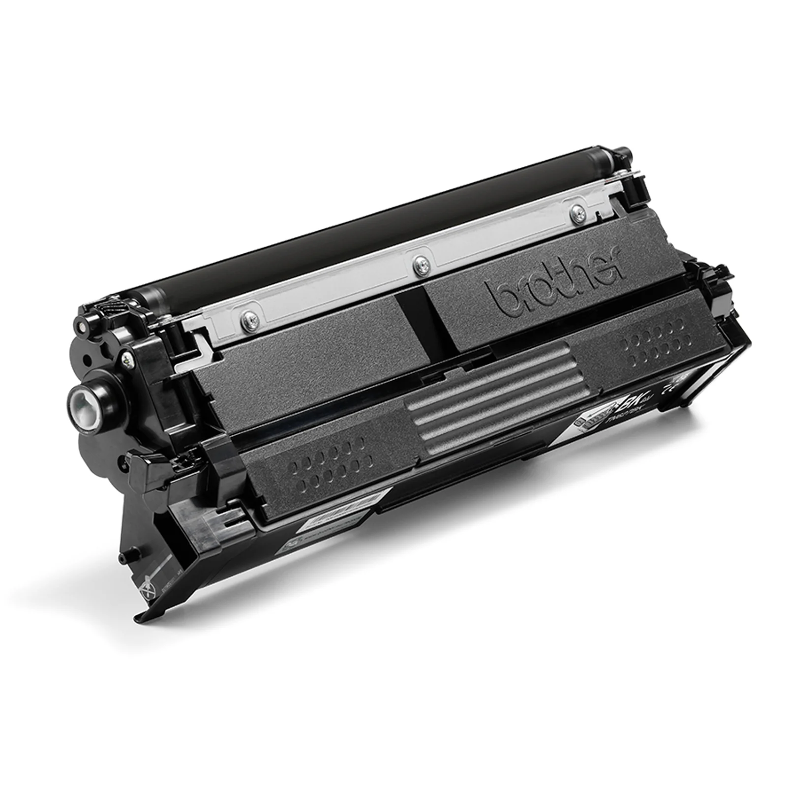 Cartouche de toner Brother en vue trois quarts montrant le tambour OPC bleu et le carter plastique noir avec étiquette latérale