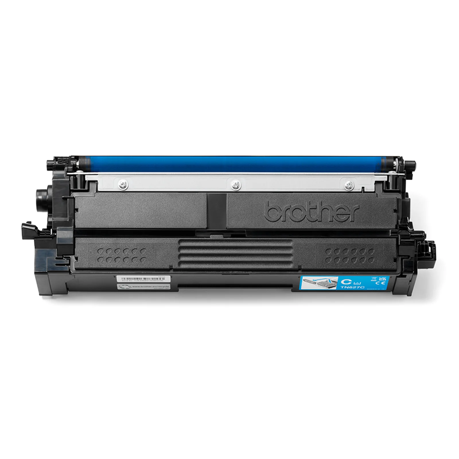 Cartouche de toner Brother vue de face avec tambour OPC bleu apparent en partie haute et étiquette colorée du modèle