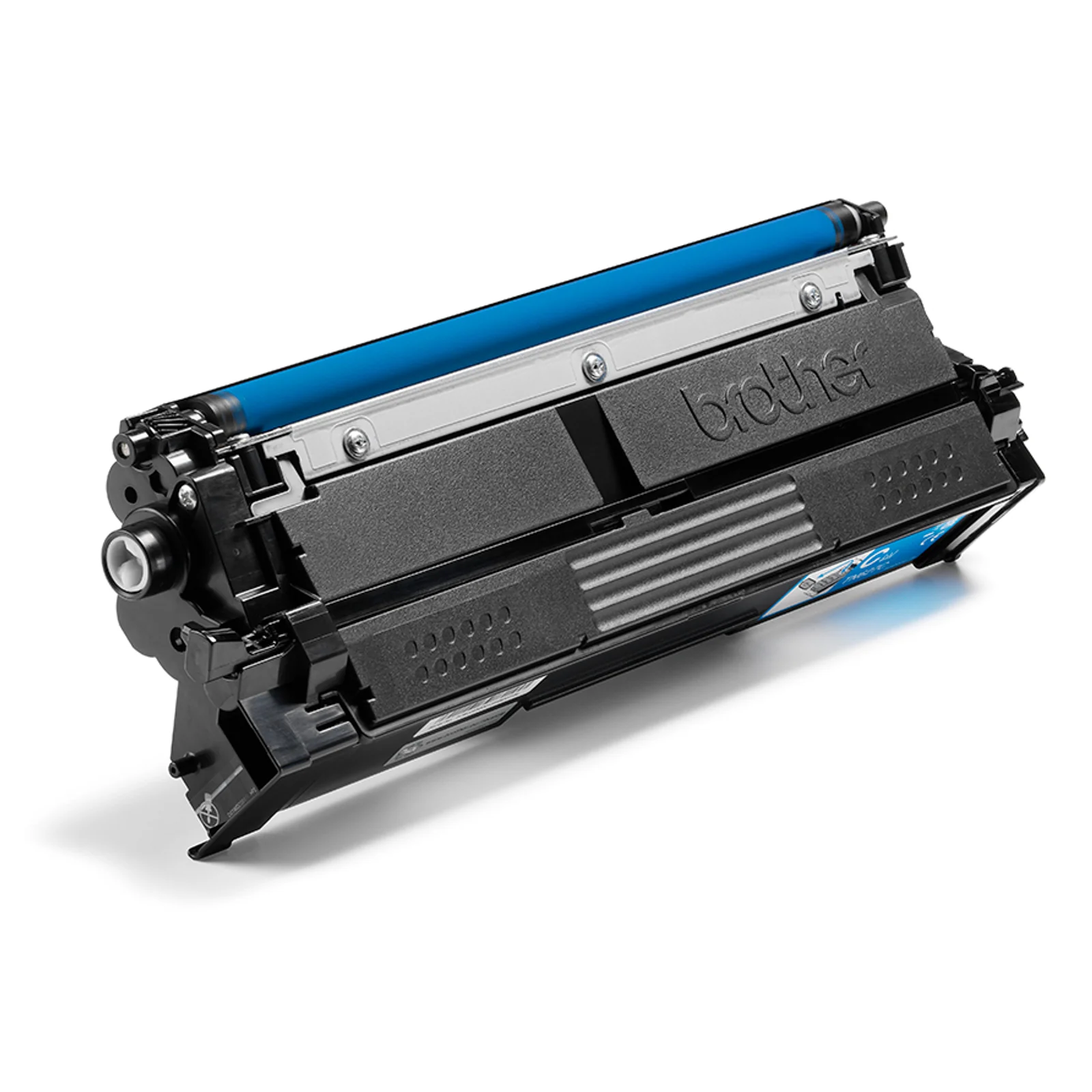 Cartouche de toner Brother en vue trois quarts montrant le tambour OPC bleu et le carter plastique noir avec étiquette latérale