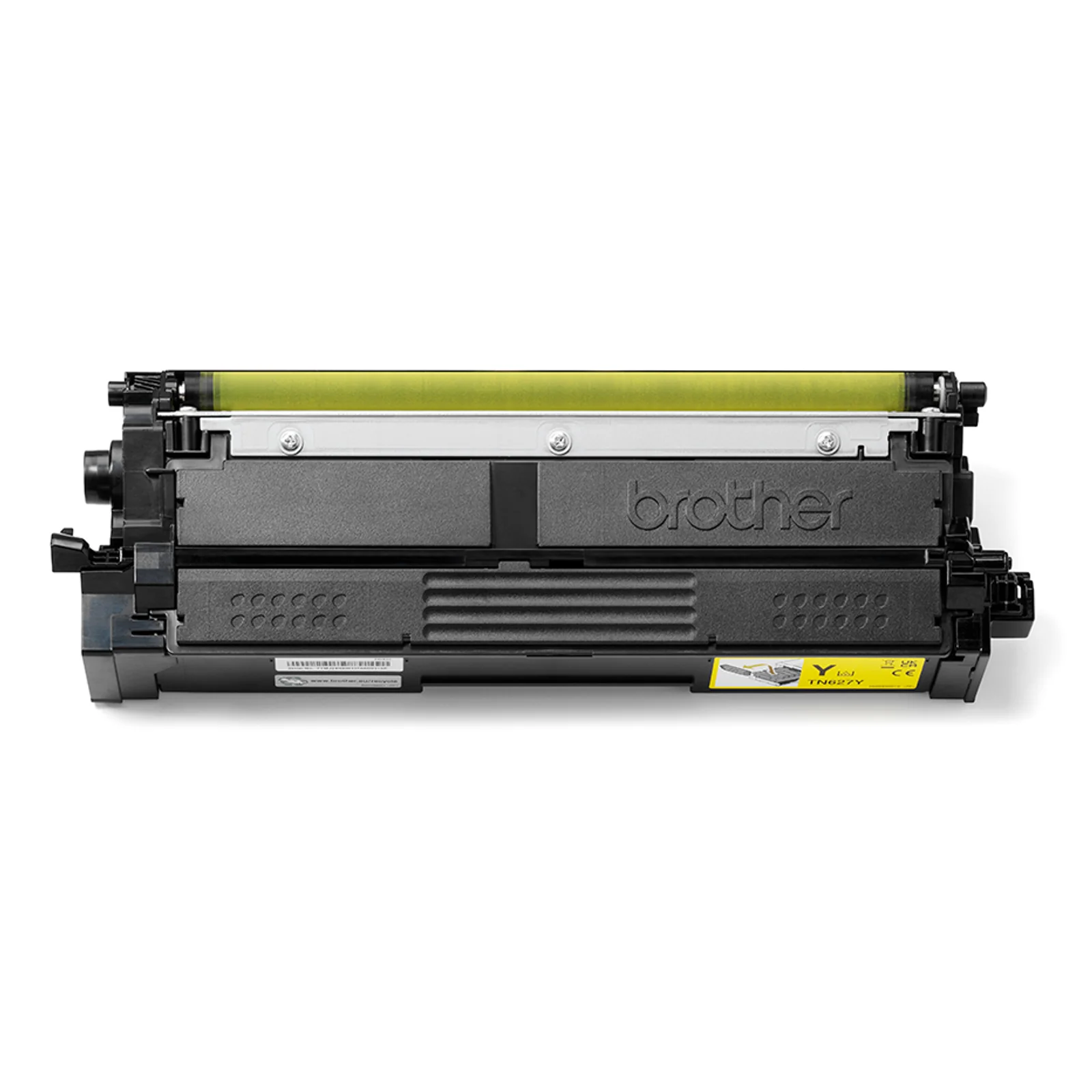 Cartouche de toner Brother TN-627Y vue de face avec étiquette jaune indiquant la couleur Y et logo Brother en relief