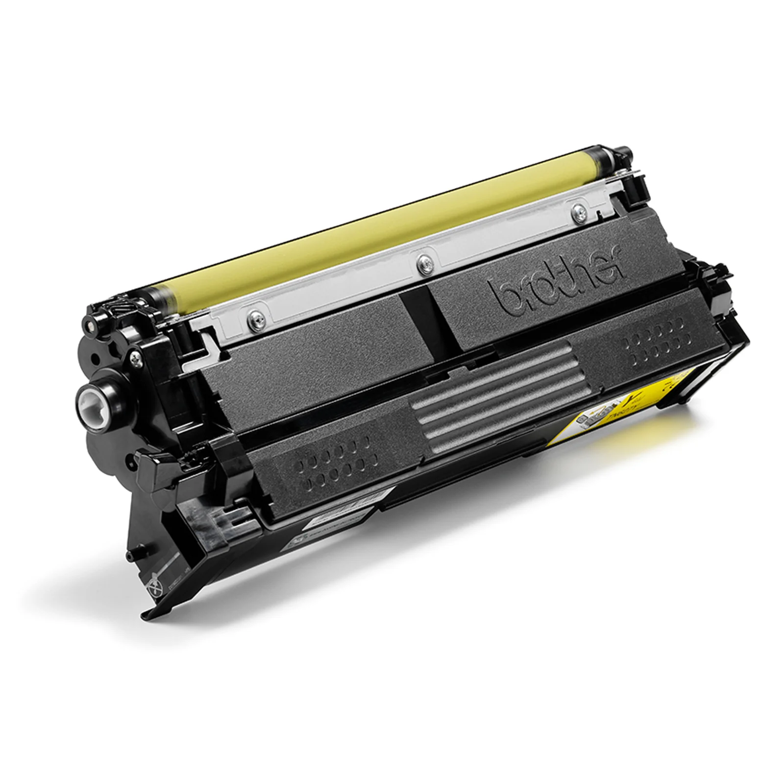 Cartouche de toner Brother TN-627Y vue de trois quarts avec rouleau jaune visible sur la partie supérieure