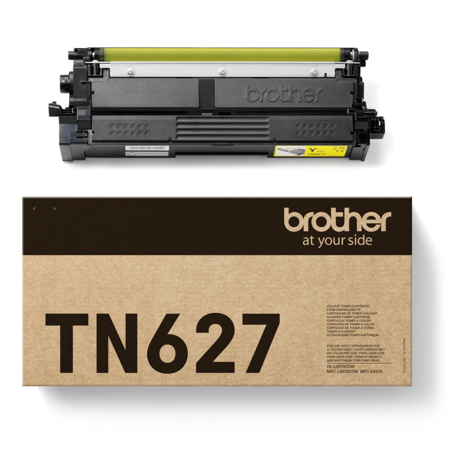 Composition montrant la cartouche TN-627Y au-dessus de sa boîte d'emballage Brother avec marquages sur fond blanc
